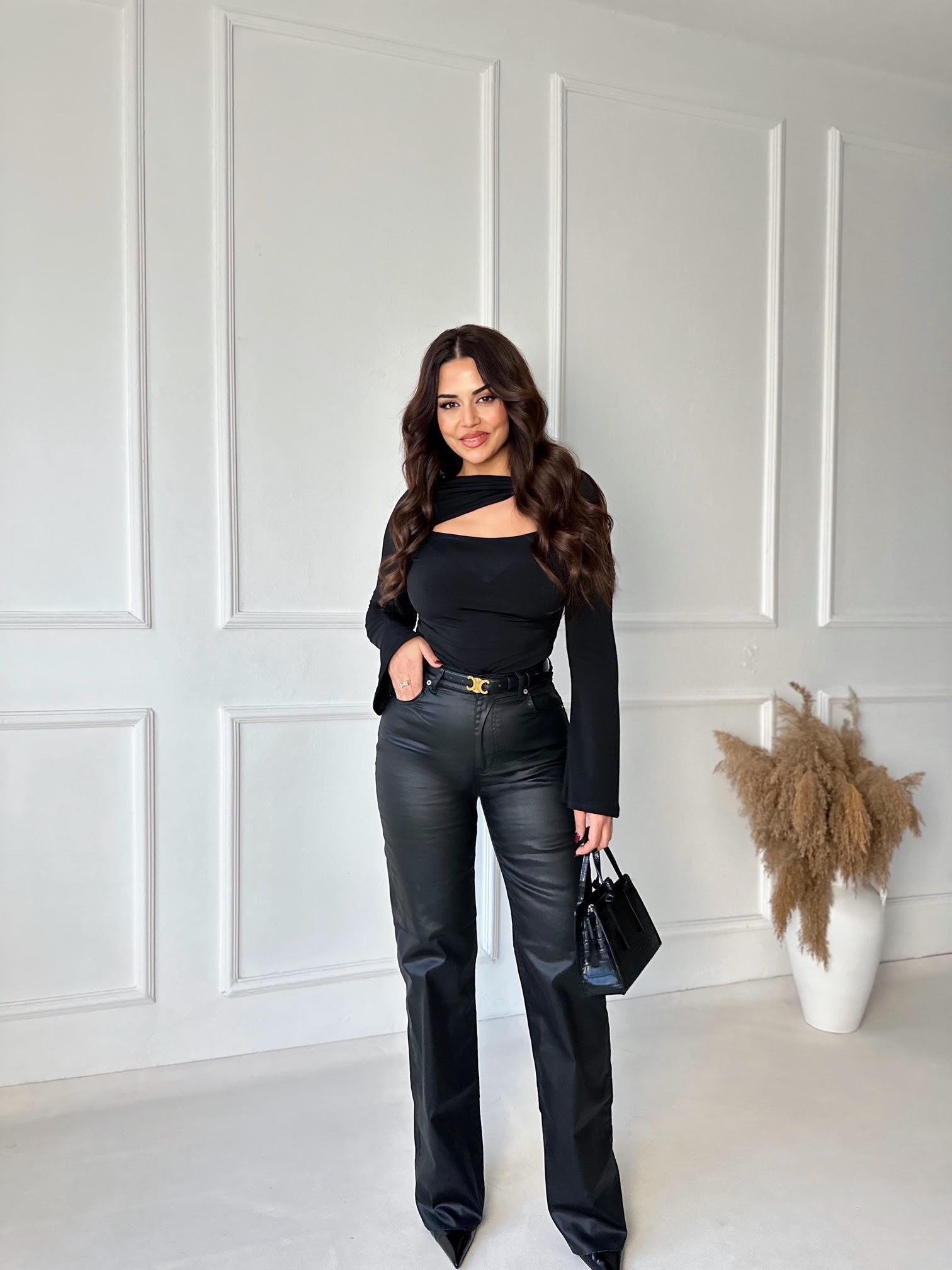 Siyah Kaplamalı Kumaş Likralı Palazzo Jean