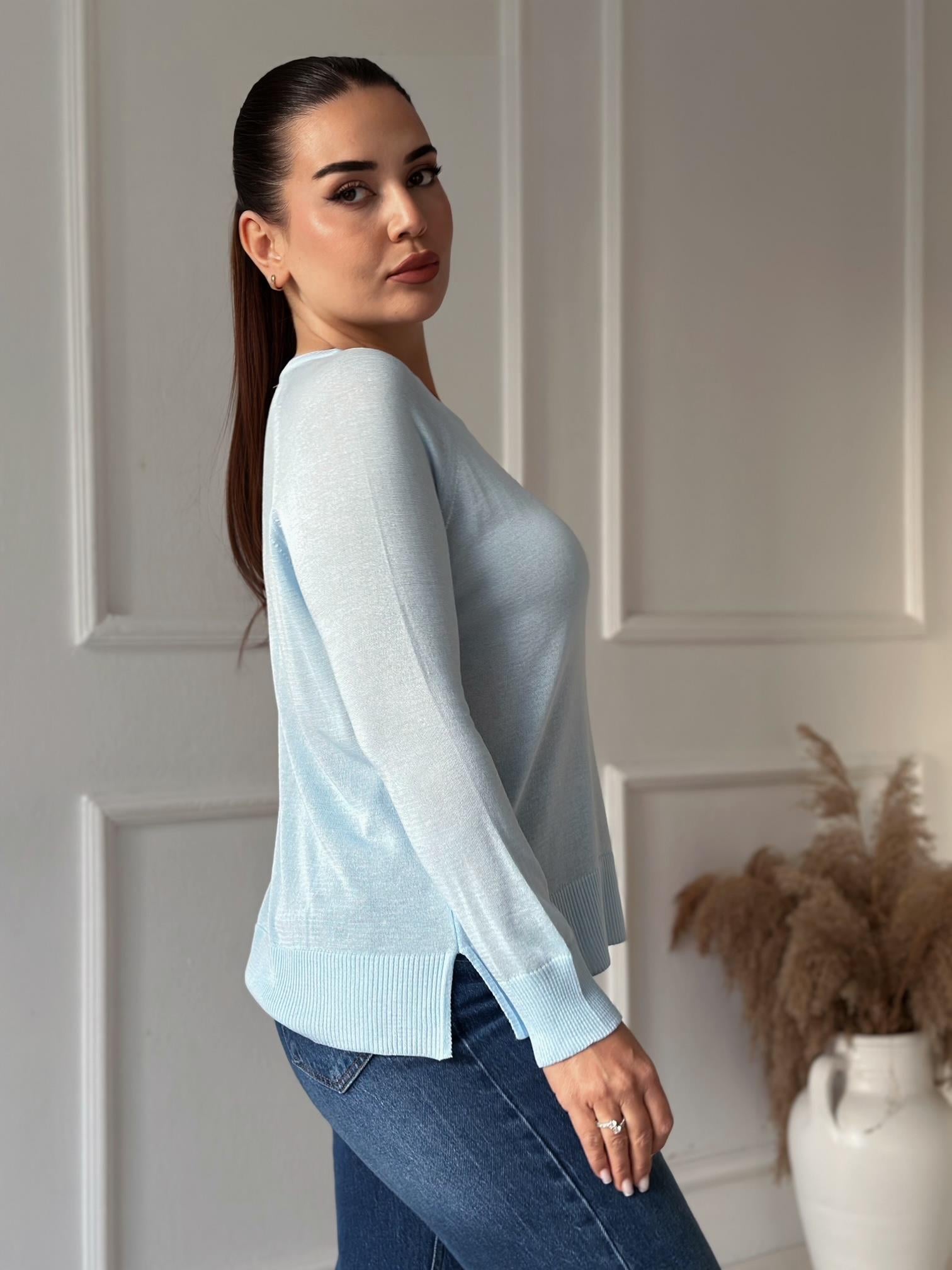 Soft Touch Basic İnce Reglan Triko Bluz - Bebe Mavi