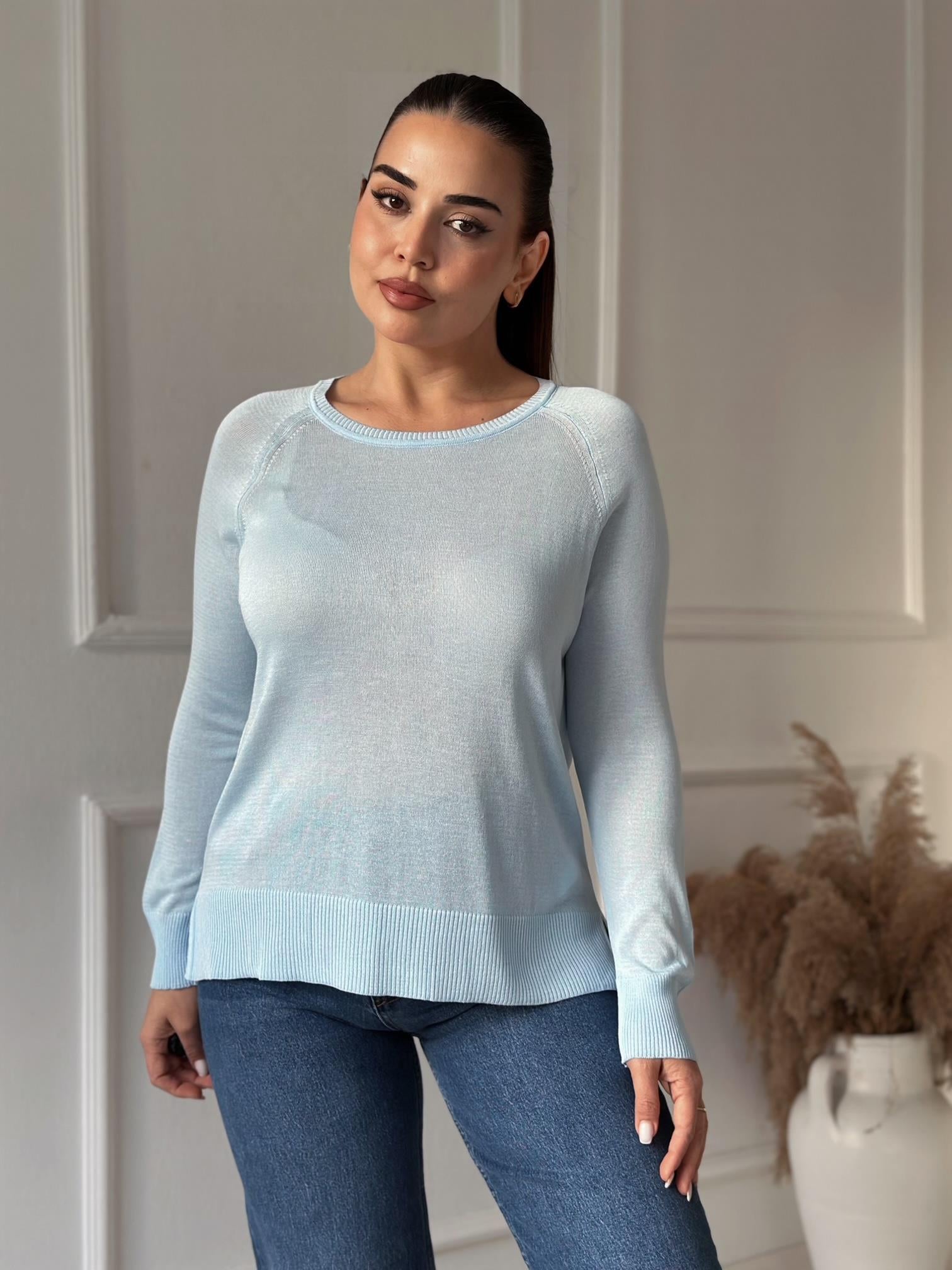 Soft Touch Basic İnce Reglan Triko Bluz - Bebe Mavi