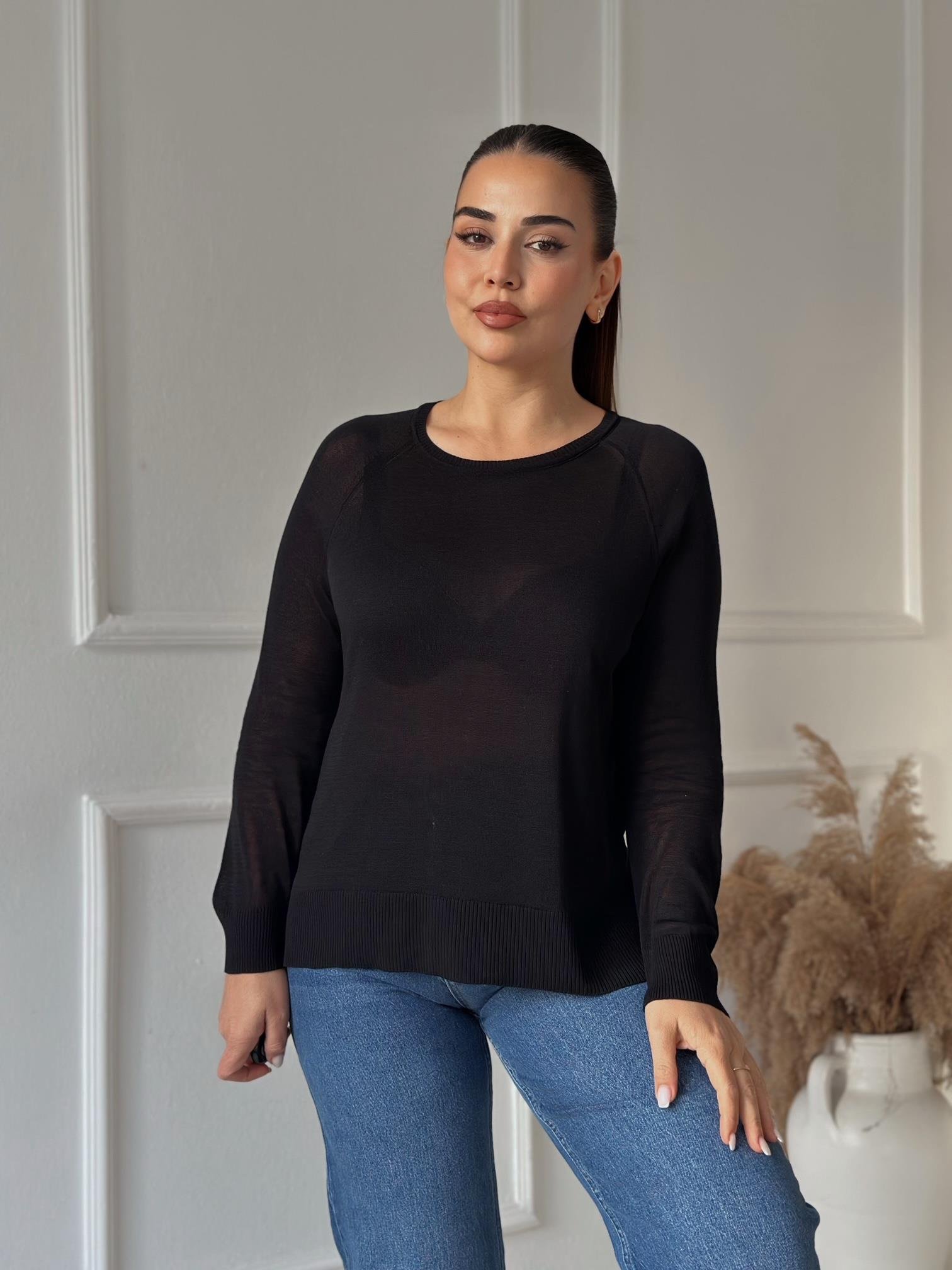 Soft Touch Basic İnce Reglan Triko Bluz - Siyah