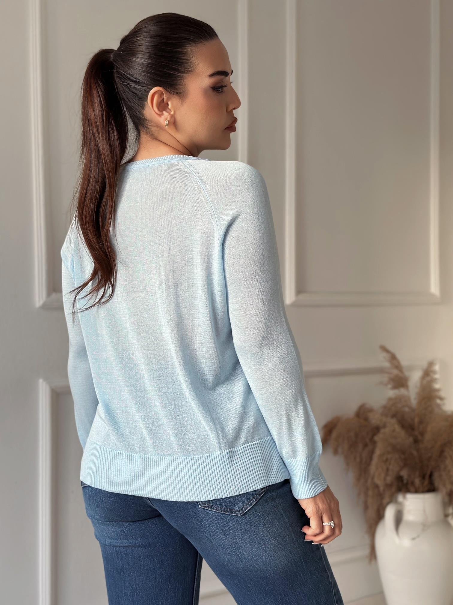 Soft Touch Basic İnce Reglan Triko Bluz - Bebe Mavi