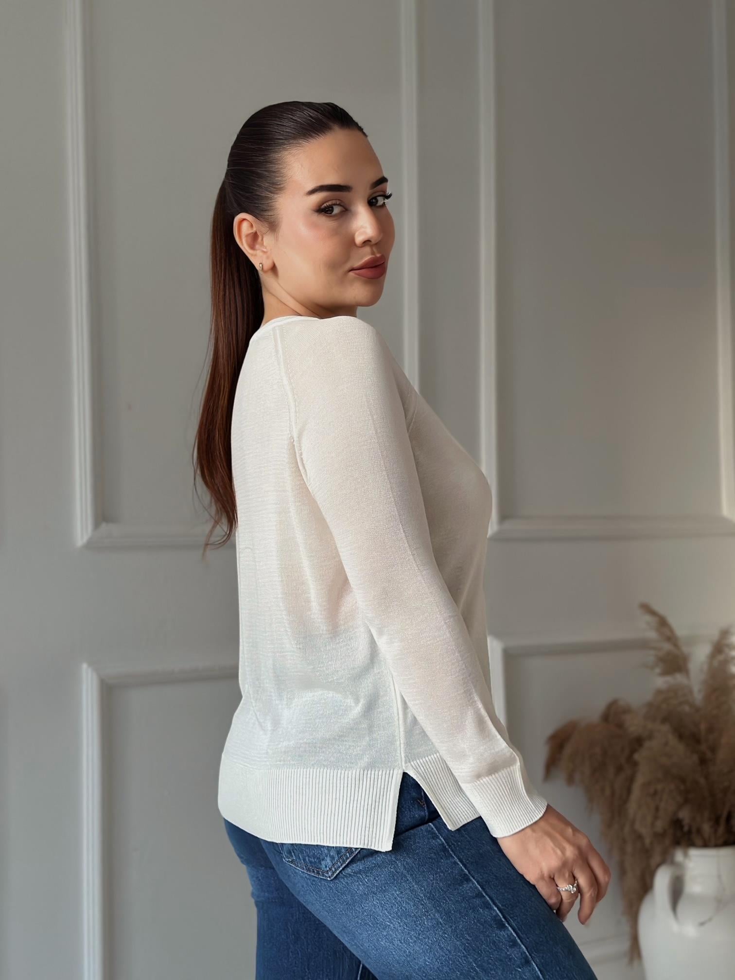 Soft Touch Basic İnce Reglan Triko Bluz - Ekru