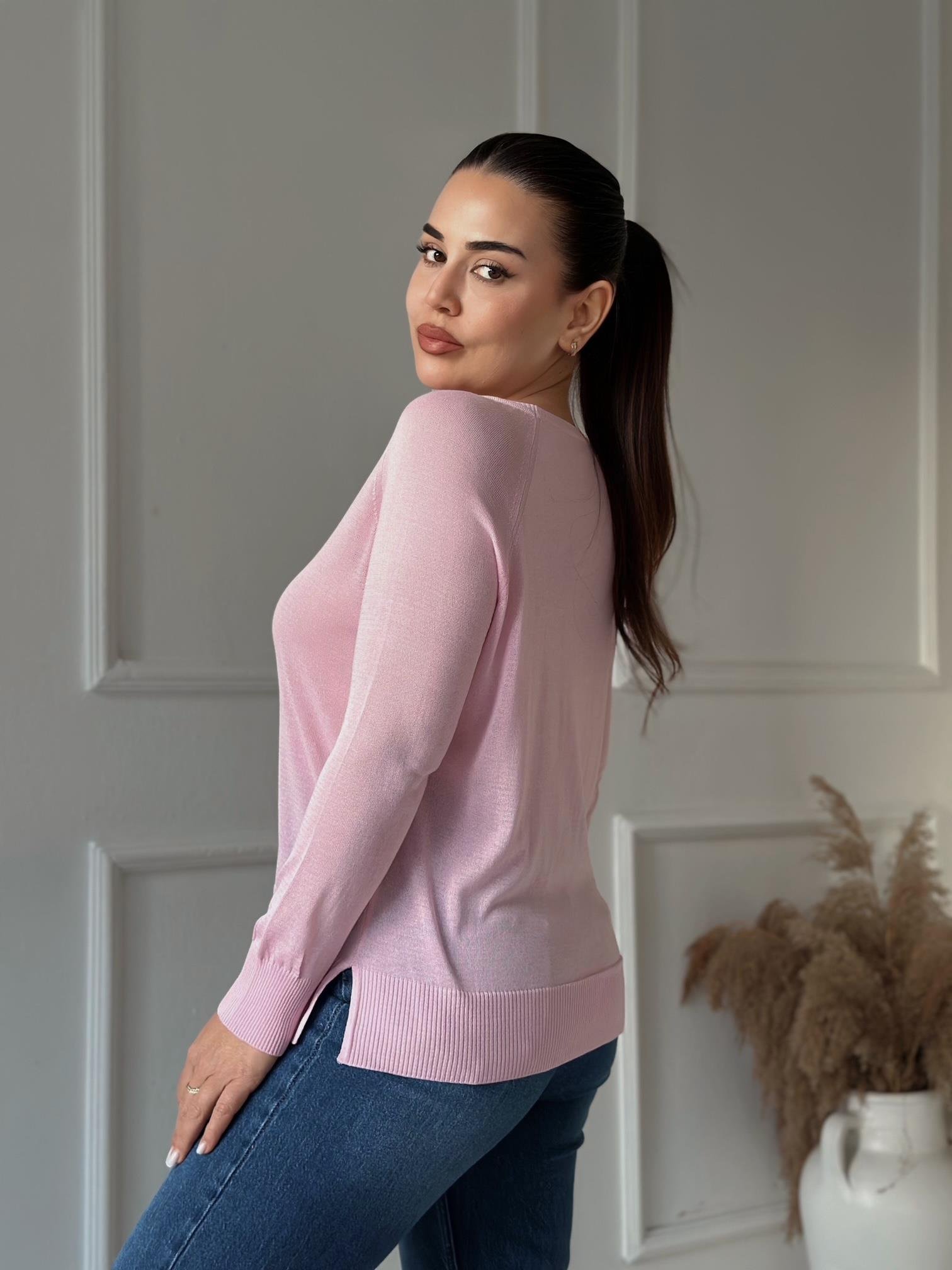 Soft Touch Basic İnce Reglan Triko Bluz - Toz Pembe