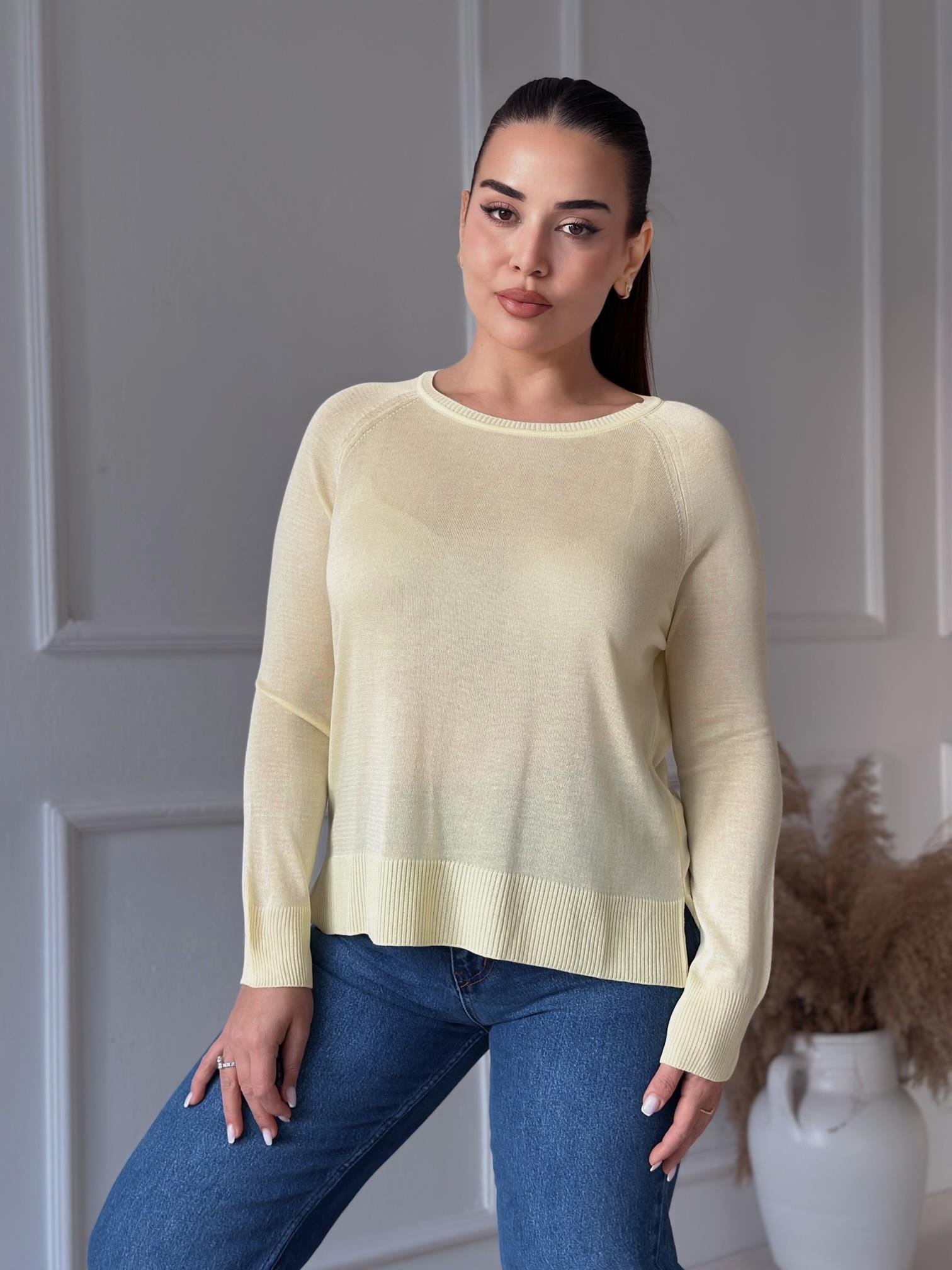 Soft Touch Basic İnce Reglan Triko Bluz - Sarı