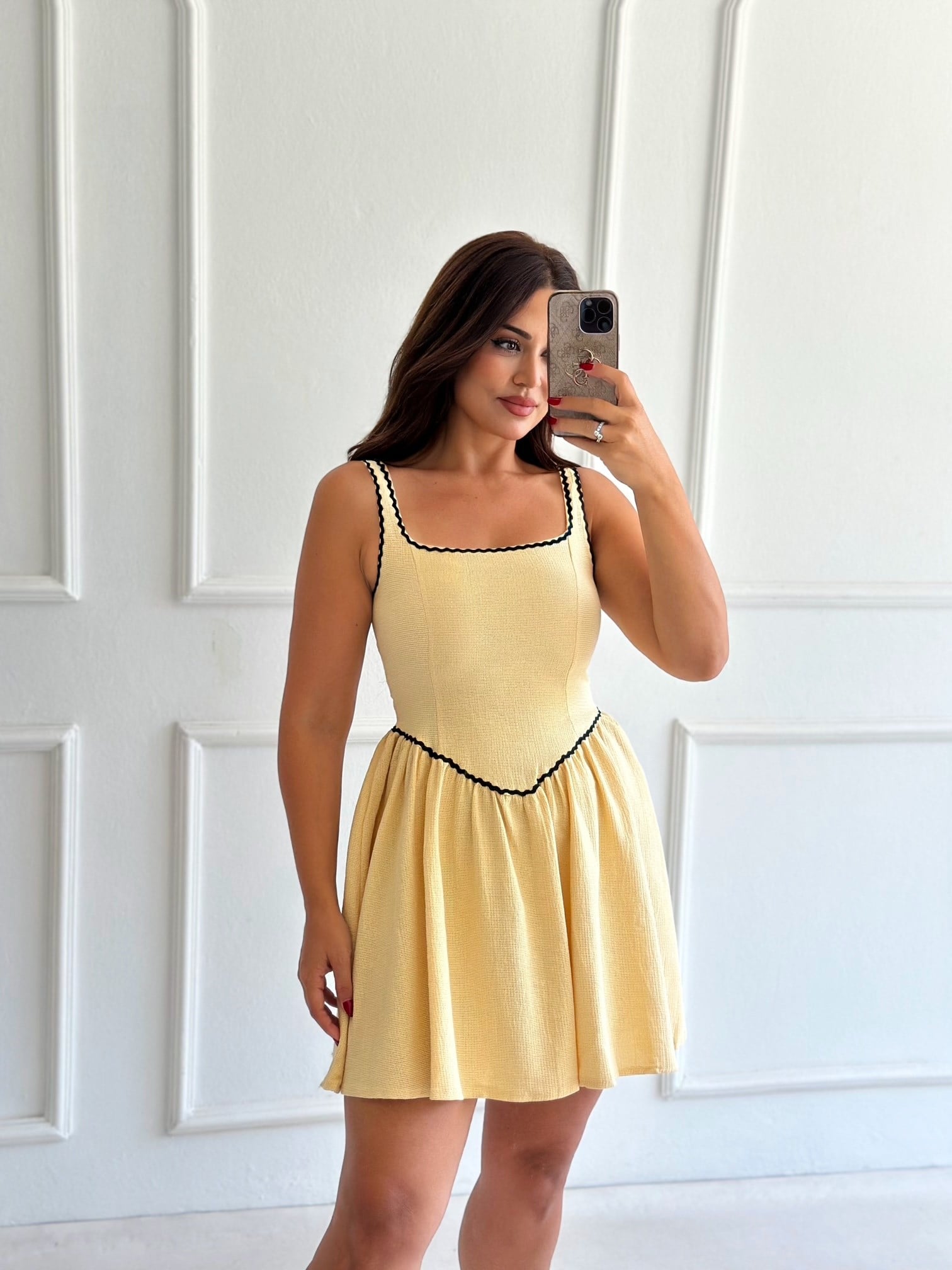 Sorbe Korse Detaylı Mini Keten Elbise - Sarı