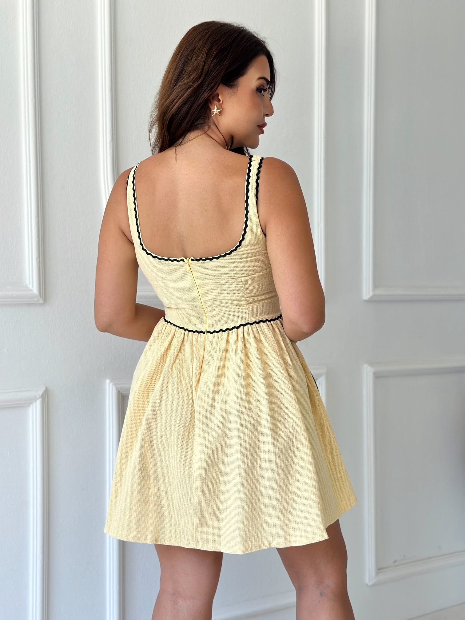 Sorbe Korse Detaylı Mini Keten Elbise - Sarı