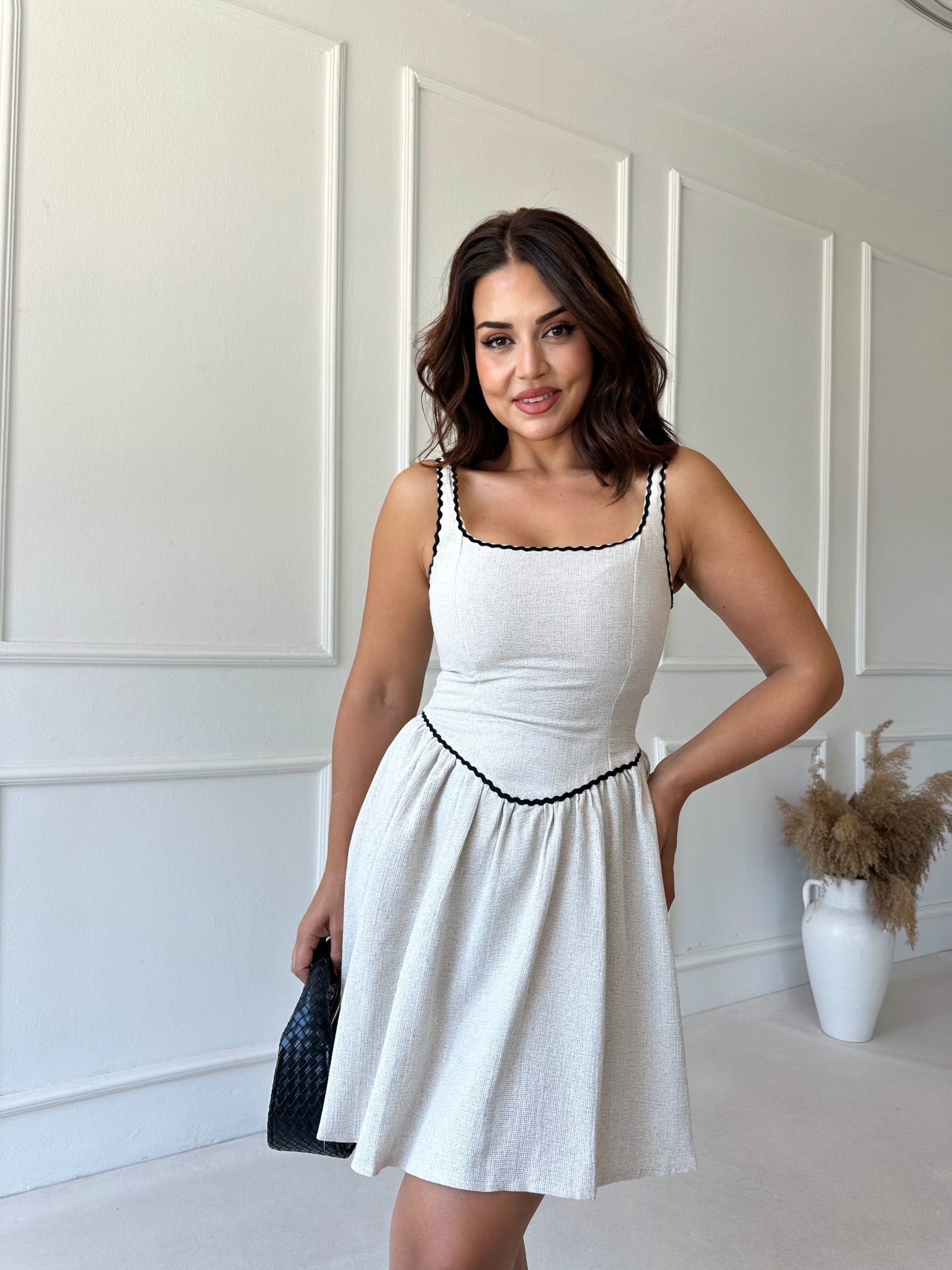 Sorbe Korse Detaylı Mini Keten Elbise - Bej