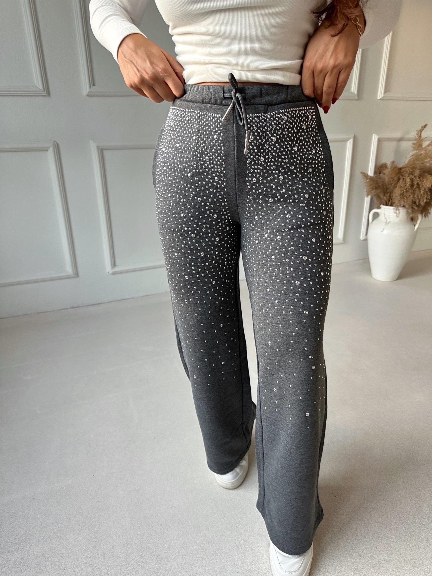 Taşlı Açık Antrasit Bol Paça Eşofman Altı