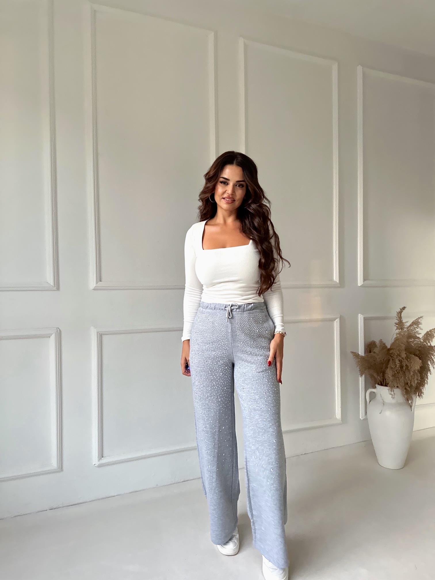 Taşlı Açık Gri Bol Paça Eşofman Altı