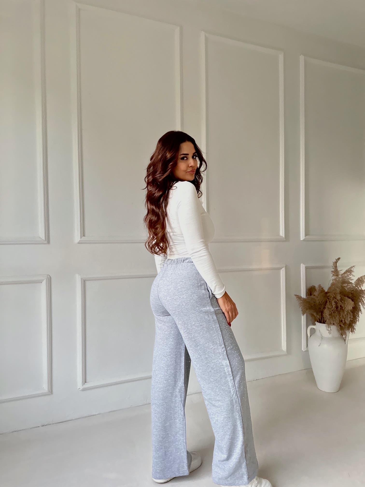 Taşlı Açık Gri Bol Paça Eşofman Altı