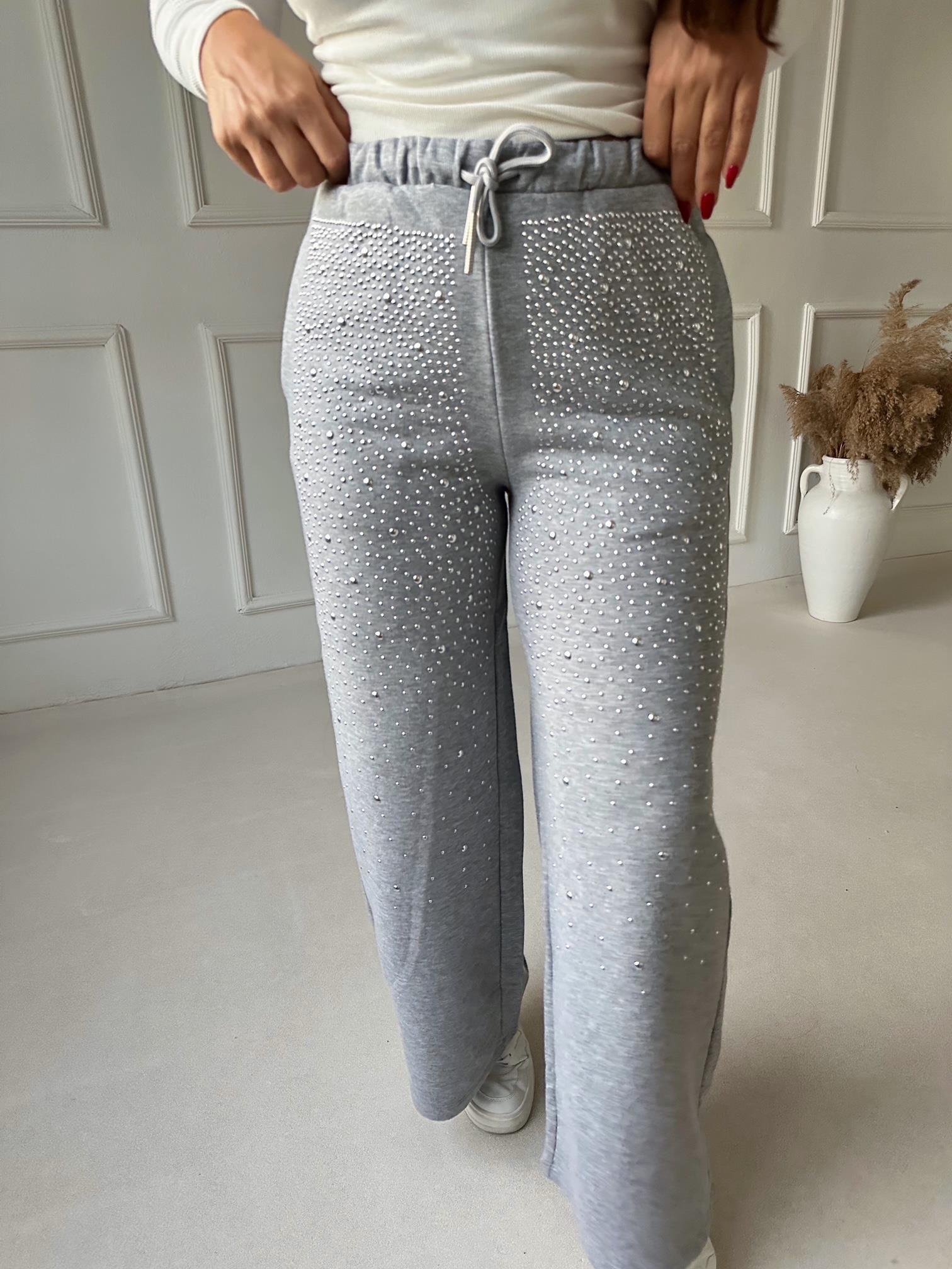 Taşlı Açık Gri Bol Paça Eşofman Altı