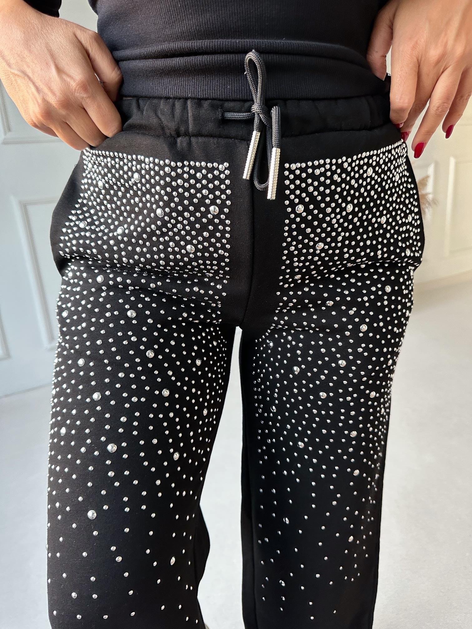 Taşlı Açık Siyah Bol Paça Eşofman Altı