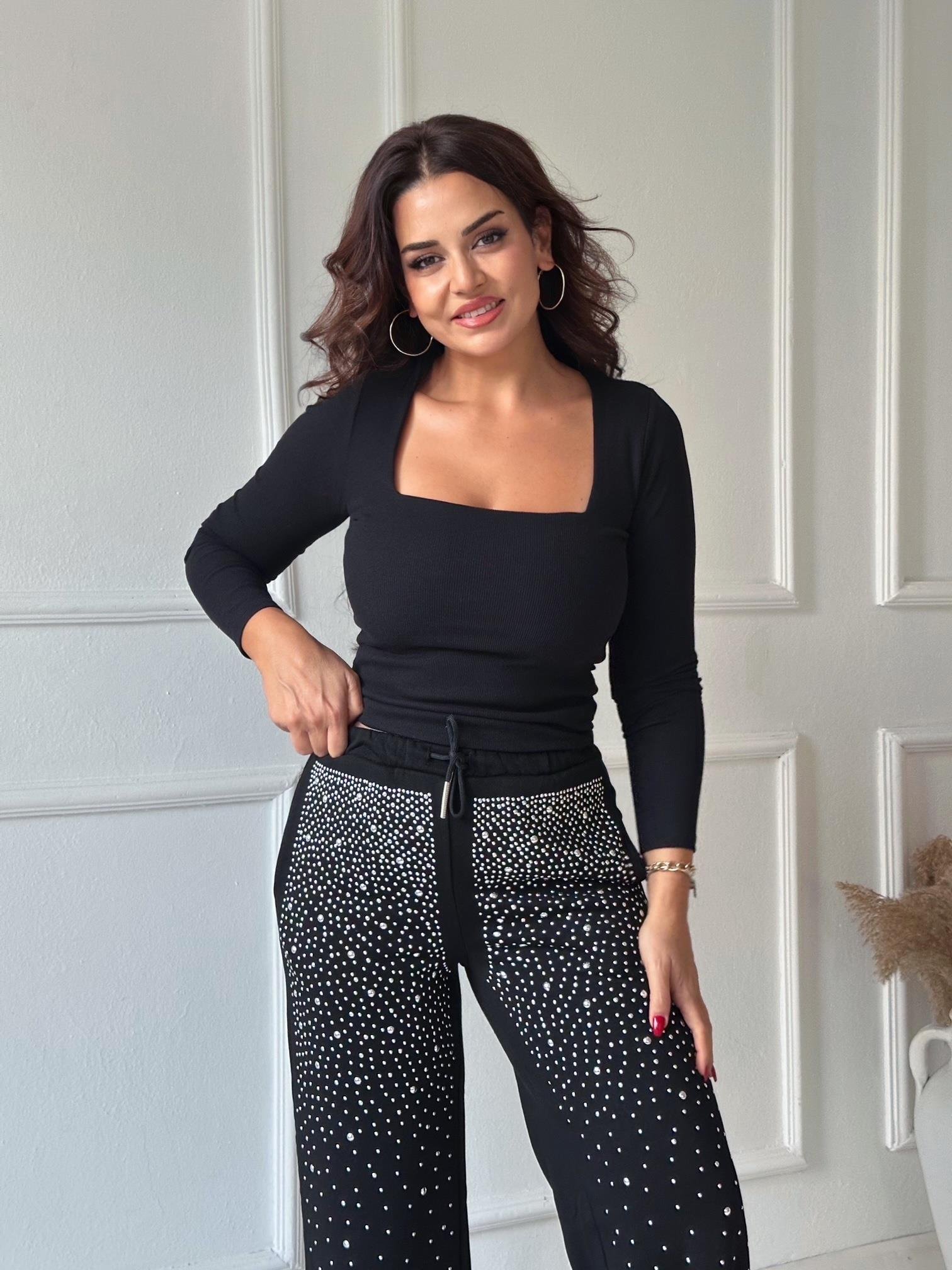 Taşlı Açık Siyah Bol Paça Eşofman Altı