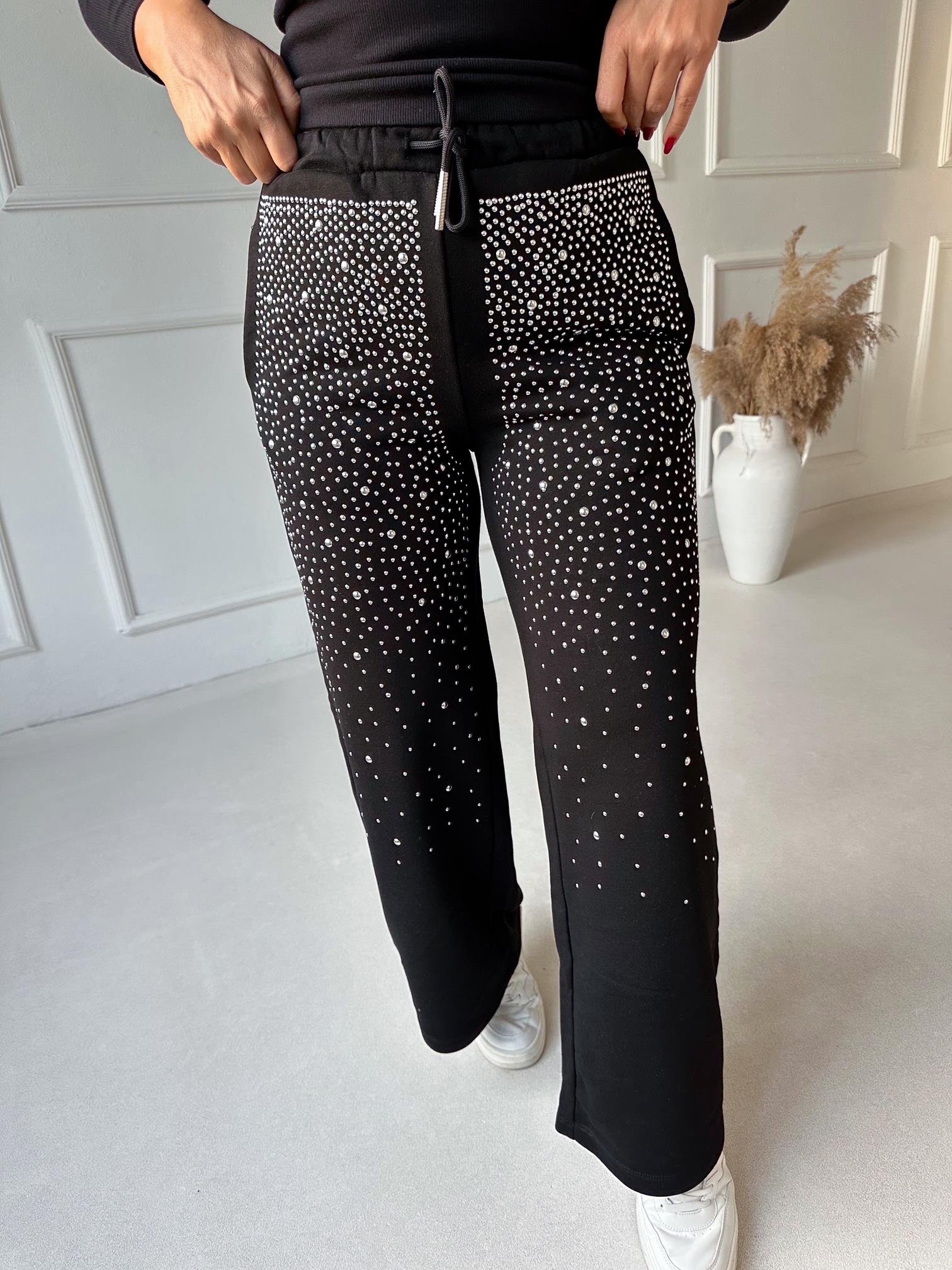 Taşlı Açık Siyah Bol Paça Eşofman Altı