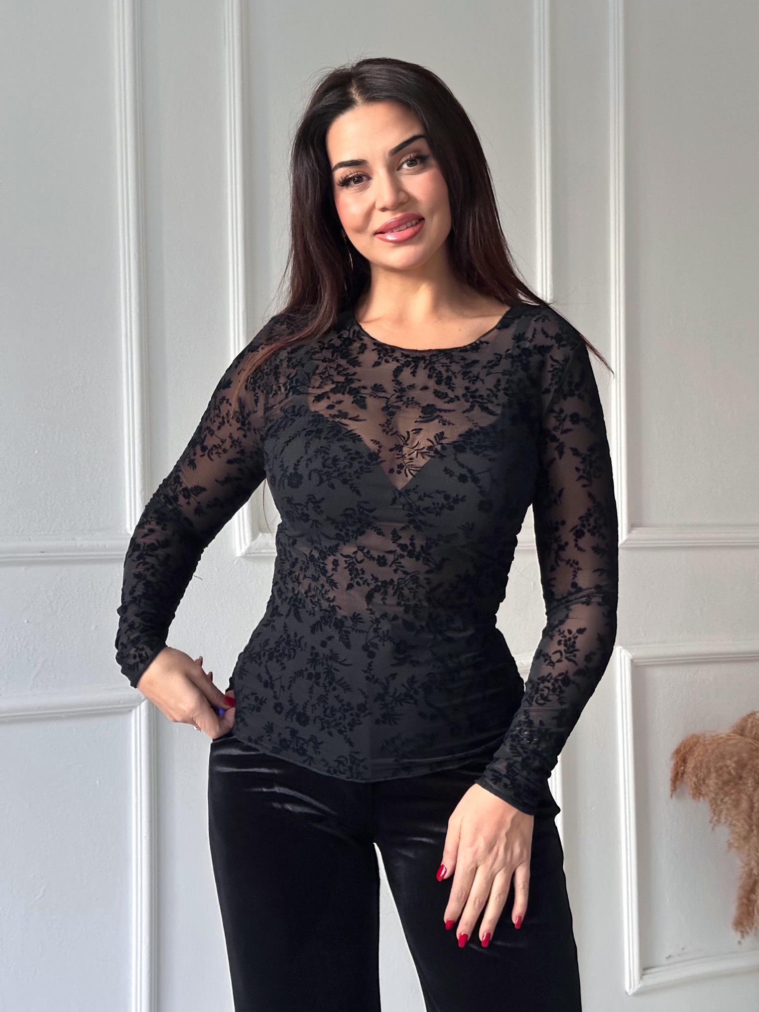 Transparan Flok Baskılı Dantel Uzun Kollu Body - Siyah