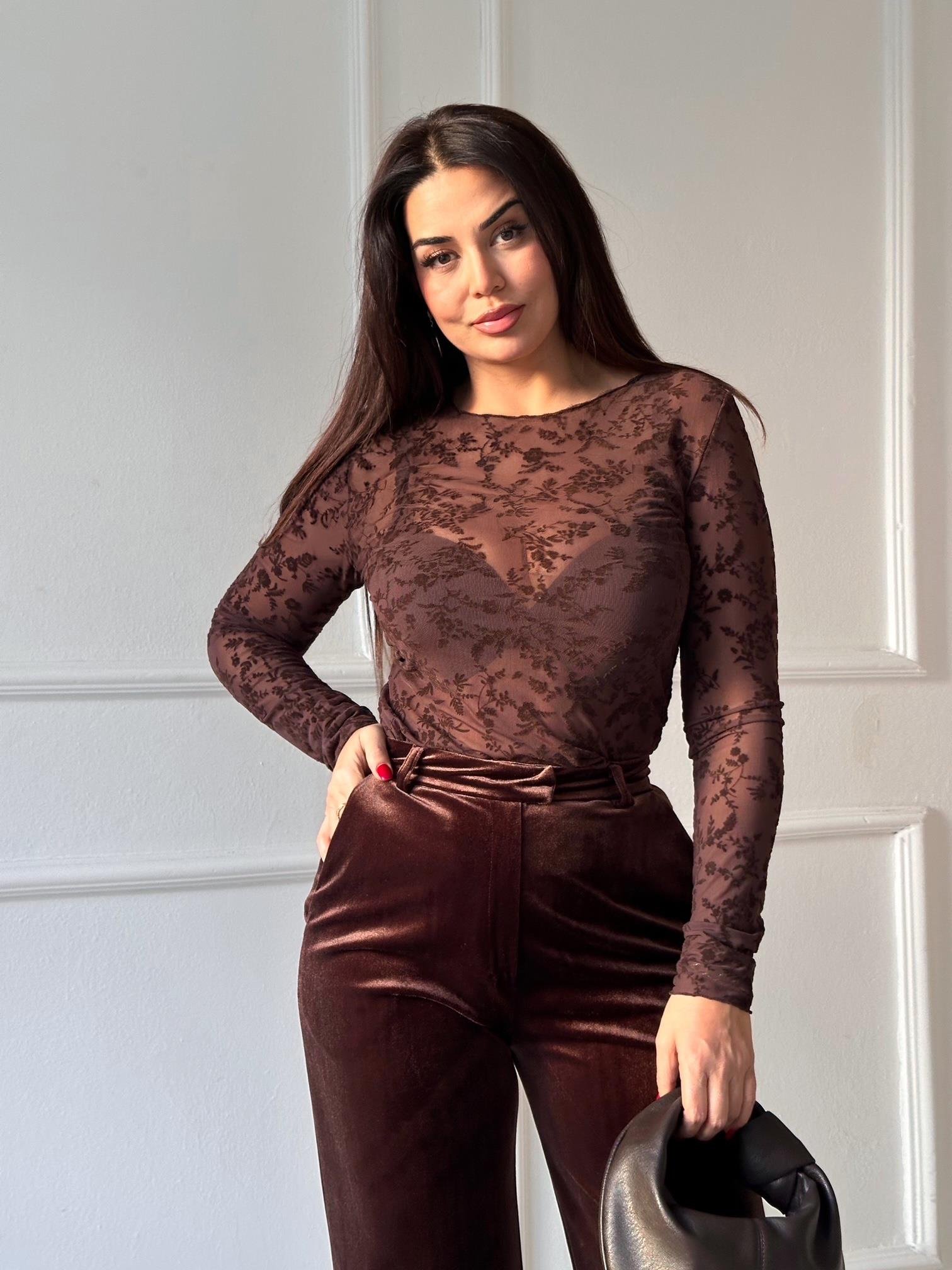 Transparan Flok Baskılı Dantel Uzun Kollu Body -Kahve