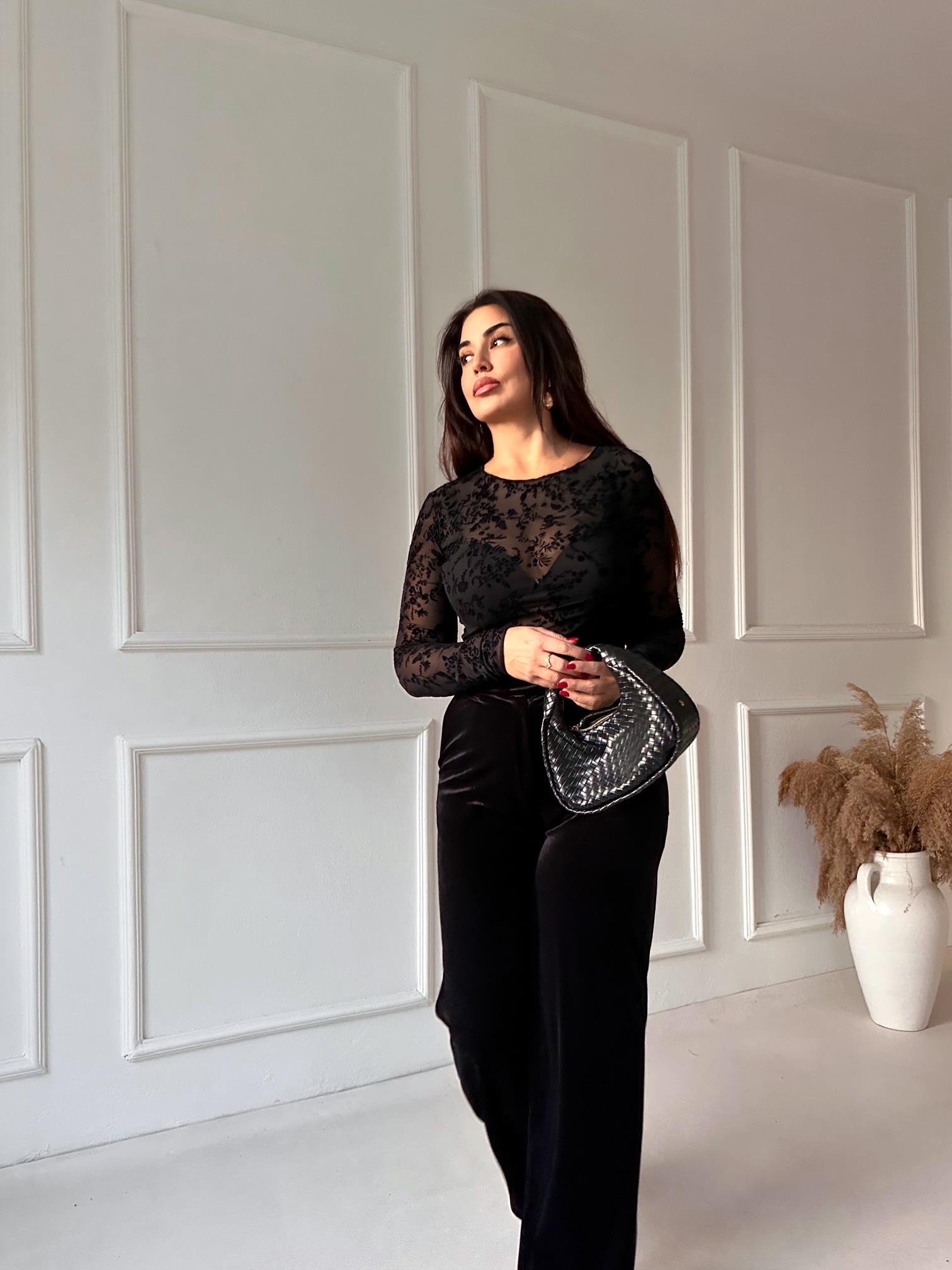 Transparan Flok Baskılı Dantel Uzun Kollu Body - Siyah