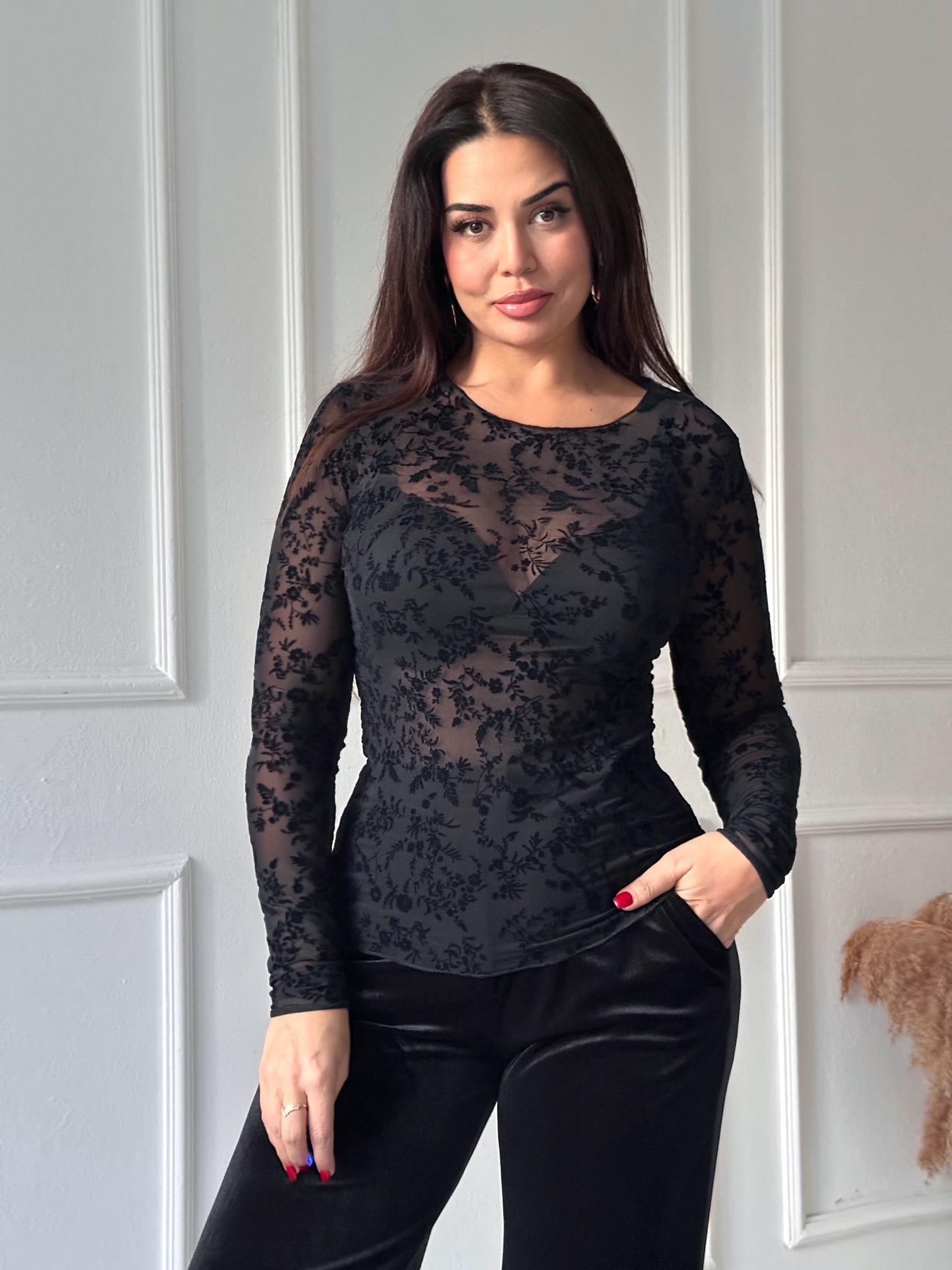 Transparan Flok Baskılı Dantel Uzun Kollu Body - Siyah