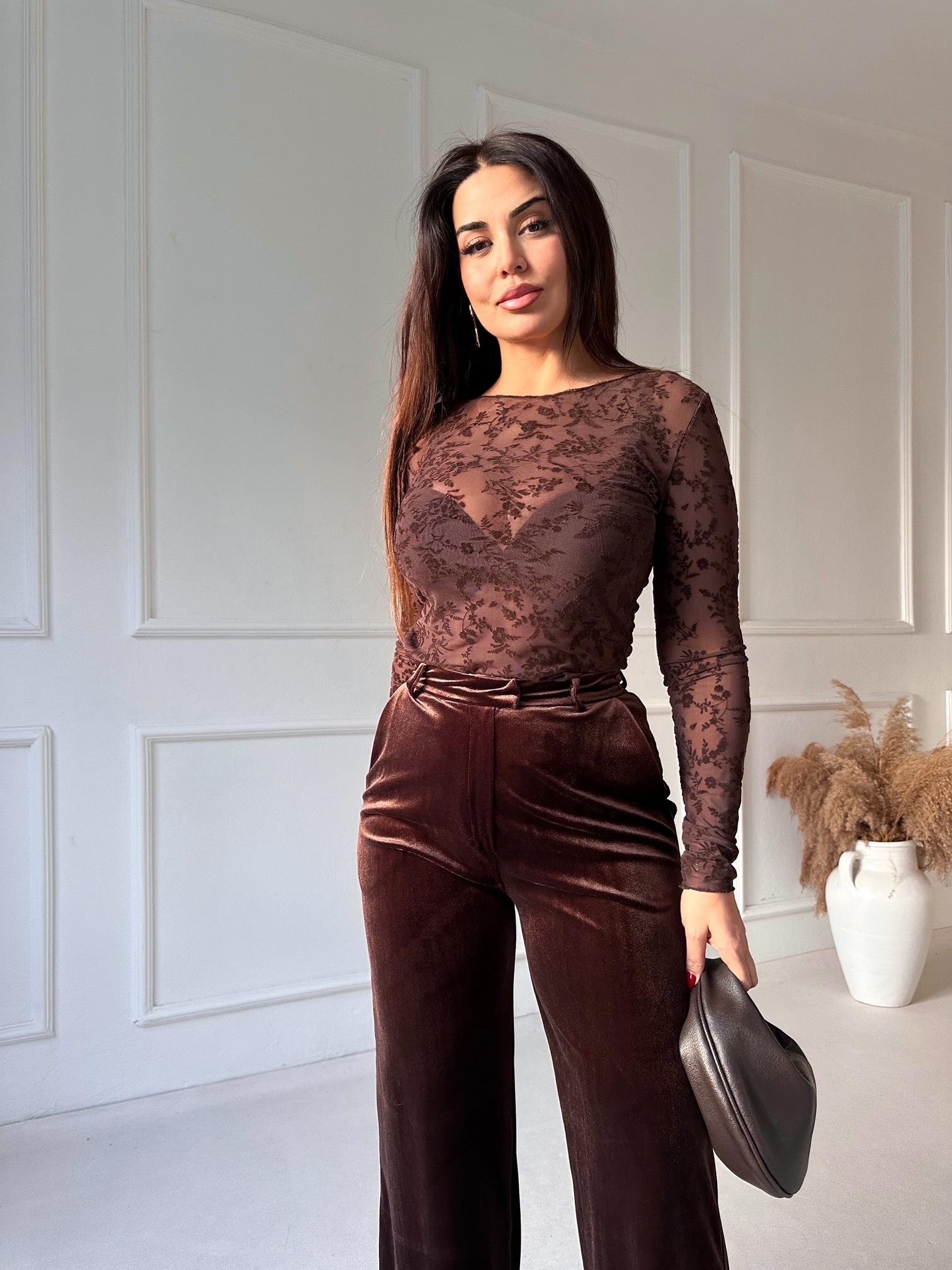 Transparan Flok Baskılı Dantel Uzun Kollu Body -Kahve