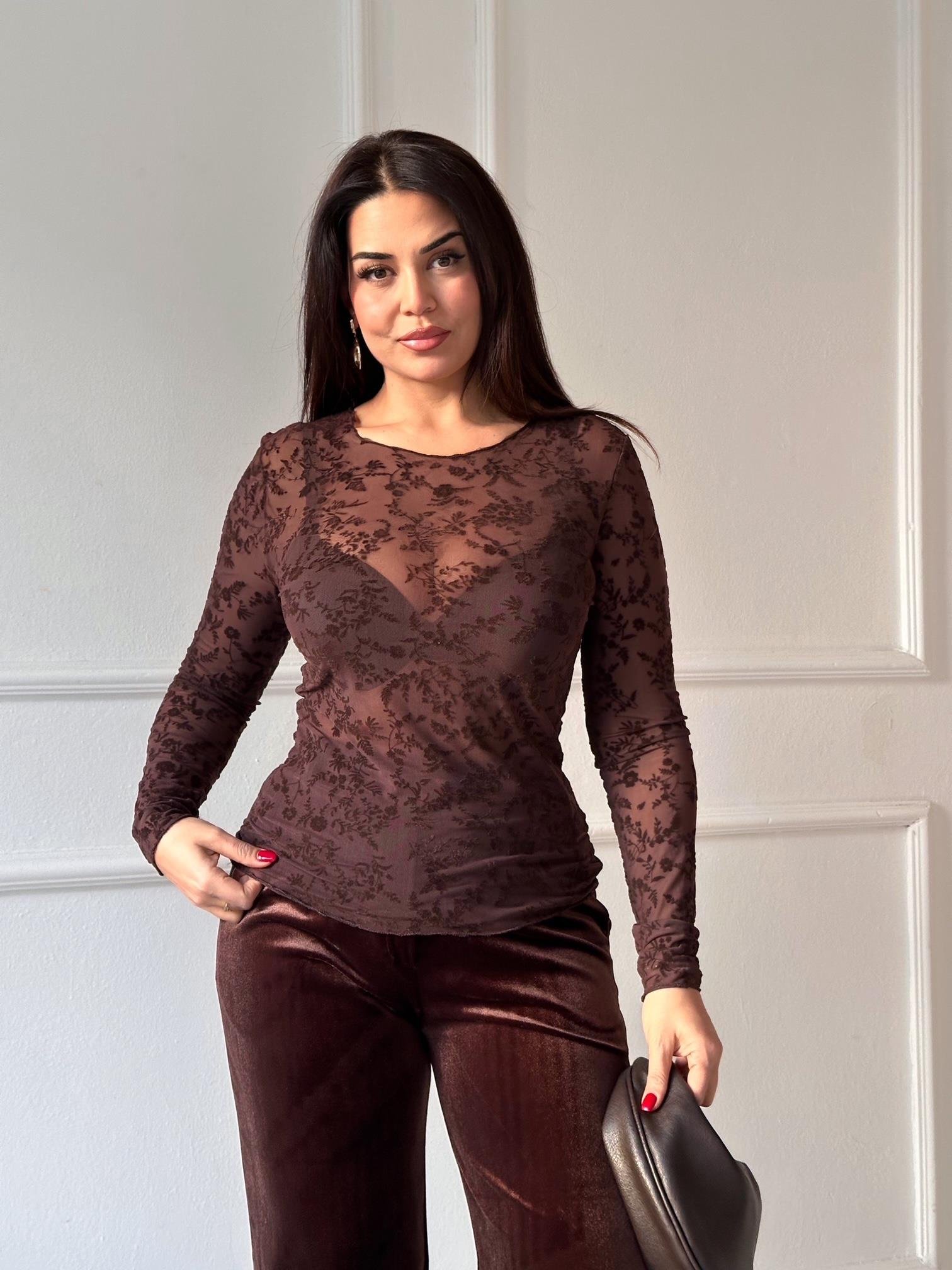 Transparan Flok Baskılı Dantel Uzun Kollu Body -Kahve