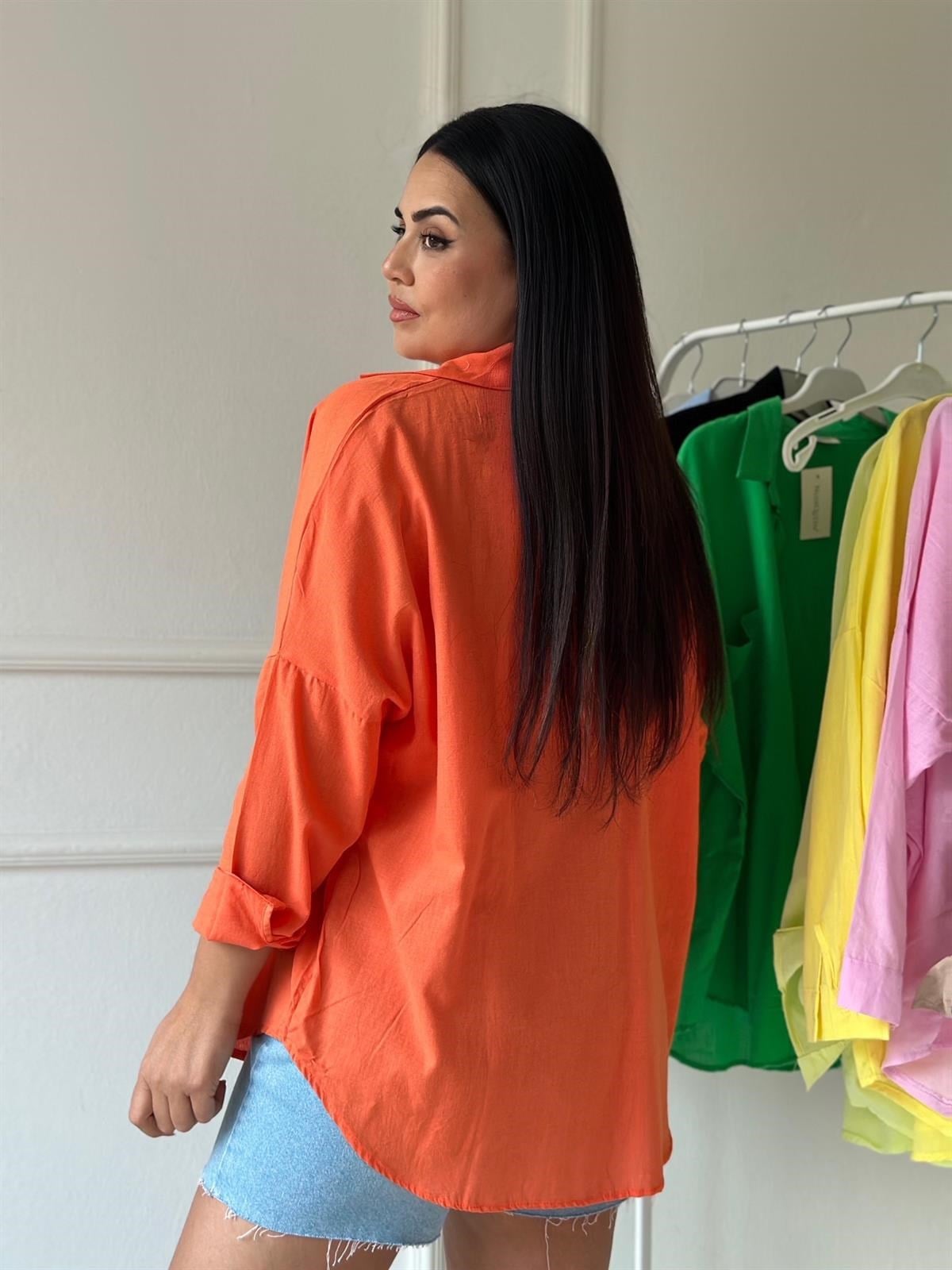 Turuncu Cepli Oversize Keten Gömlek