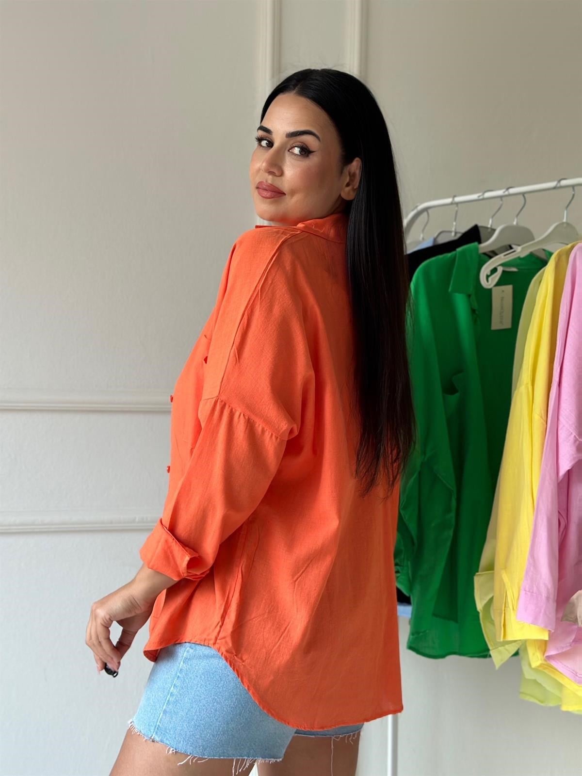 Turuncu Cepli Oversize Keten Gömlek