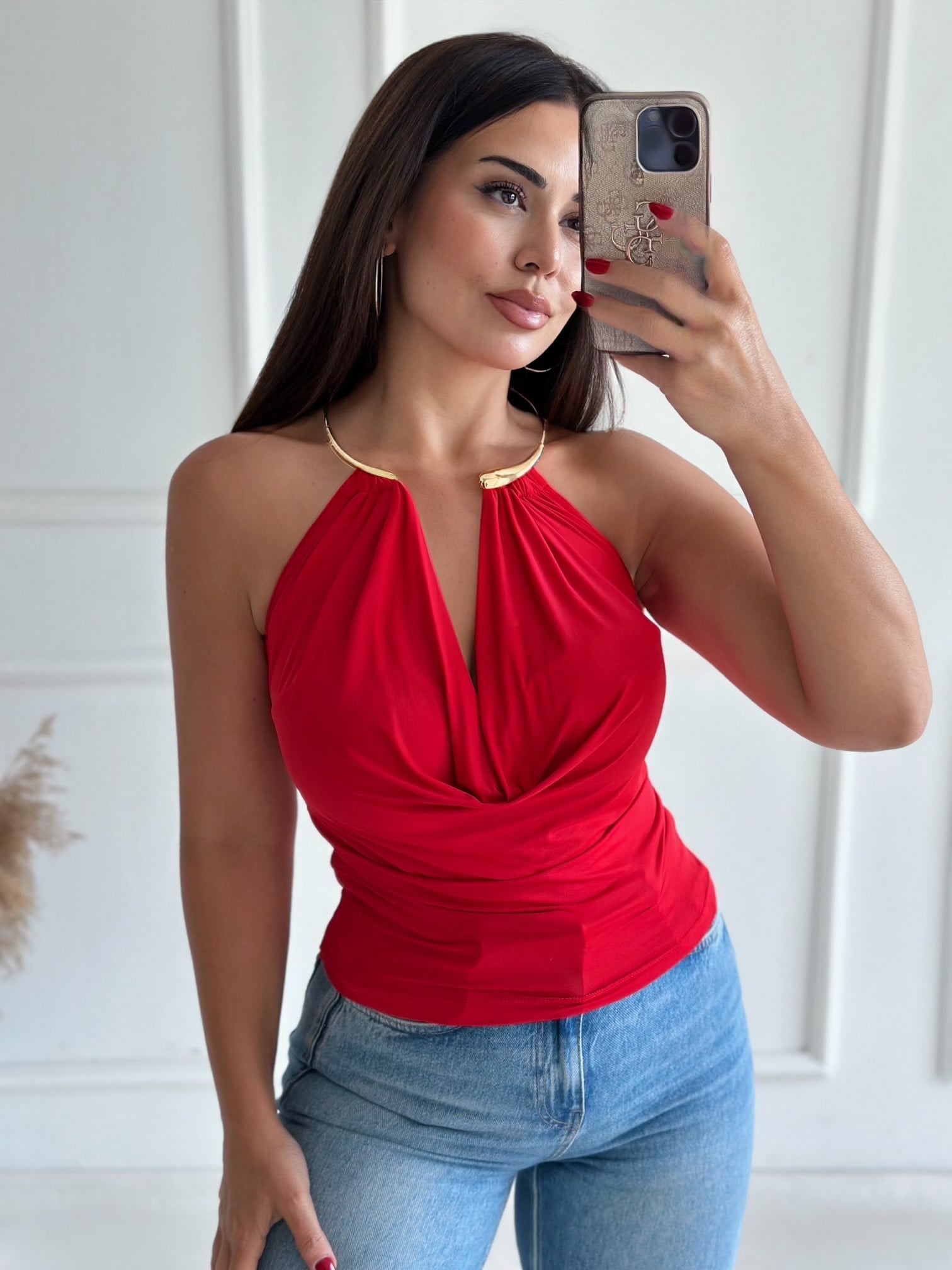 Valentina Gold Yaka Bluz - Kırmızı