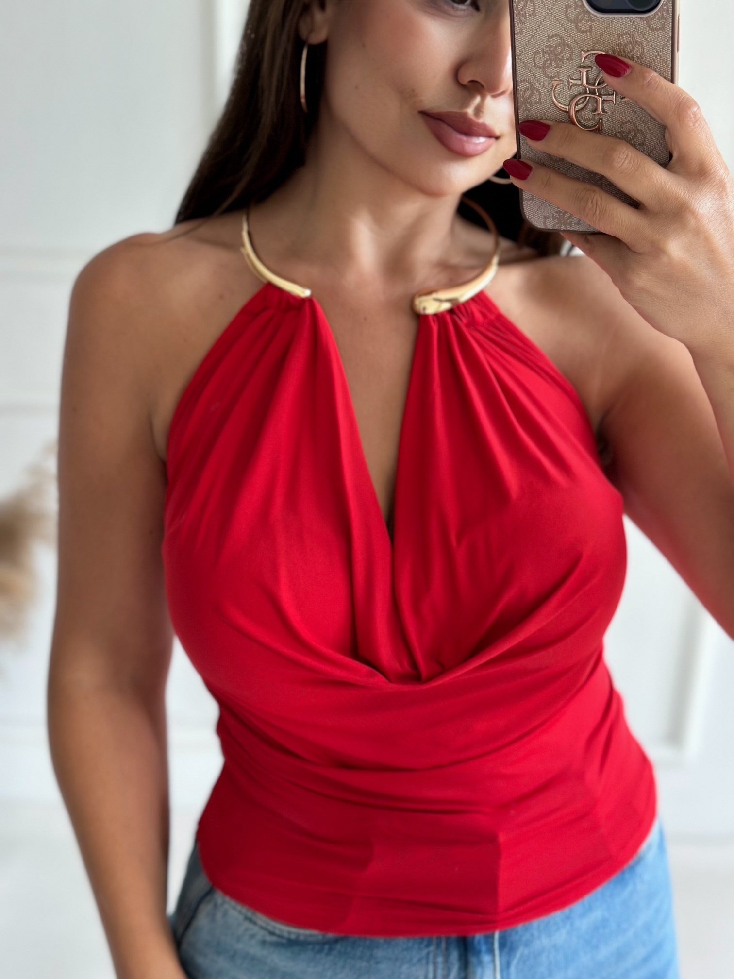 Valentina Gold Yaka Bluz - Kırmızı