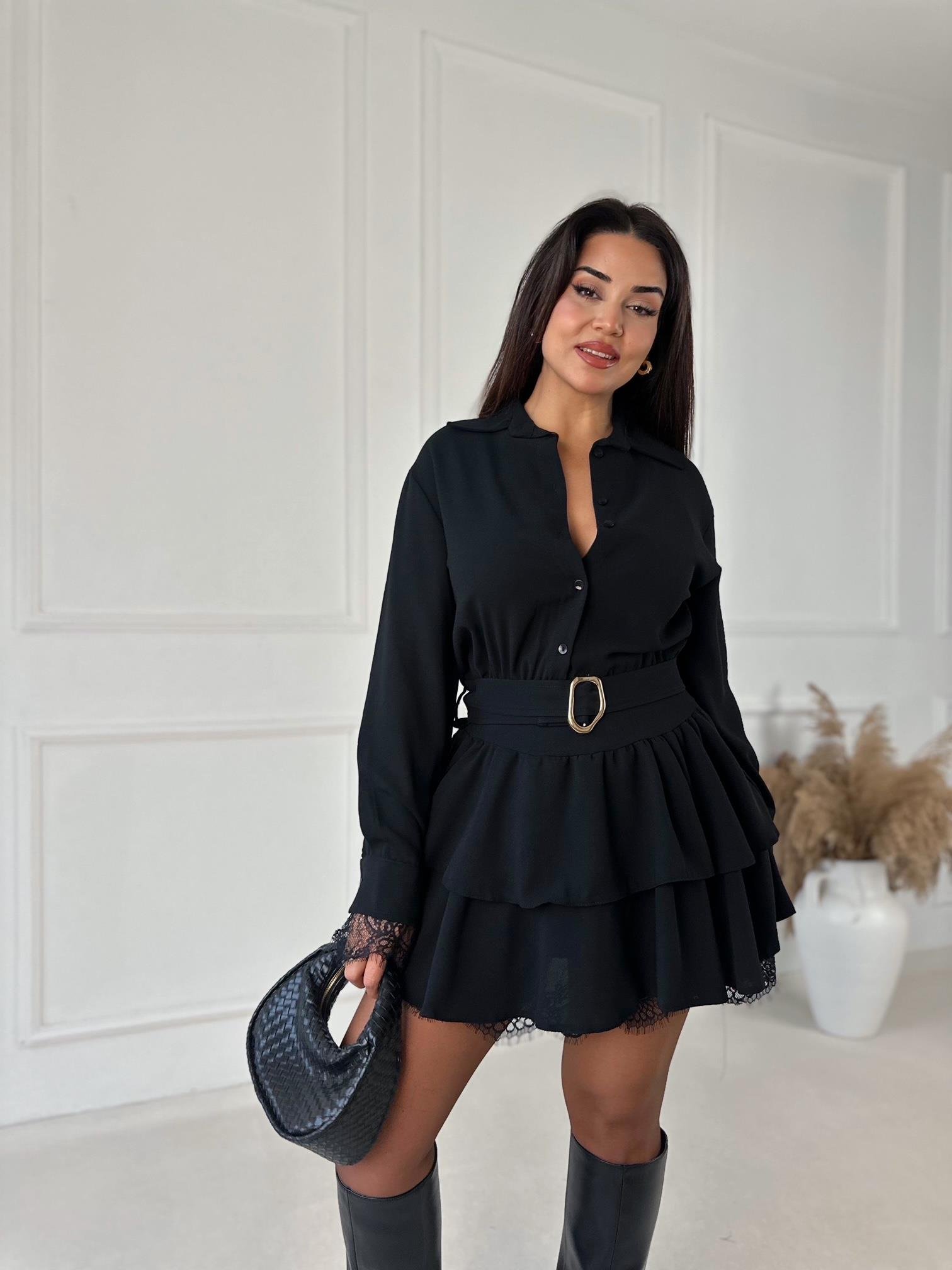 Velora Dantel Detalı Katlı Mini Elbise- Siyah