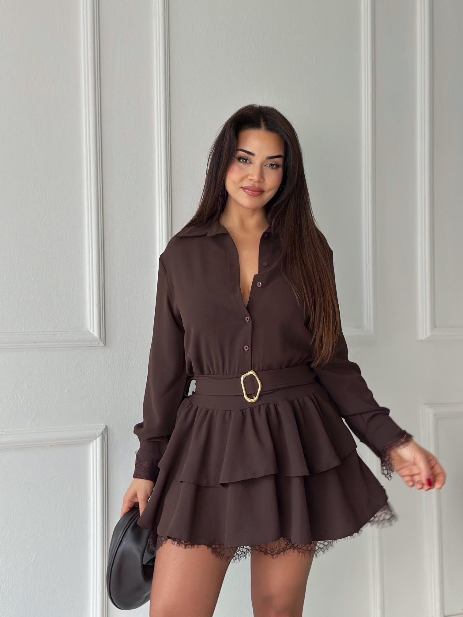 Velora Dantel Detalı Katlı Mini Elbise- Kahve