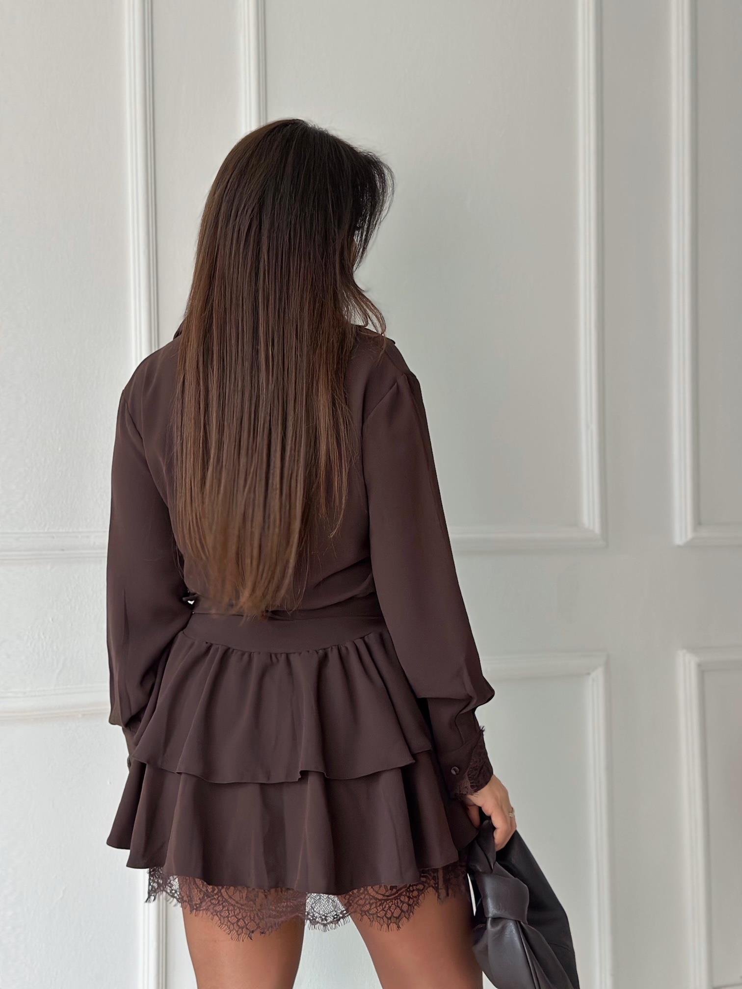 Velora Dantel Detalı Katlı Mini Elbise- Kahve