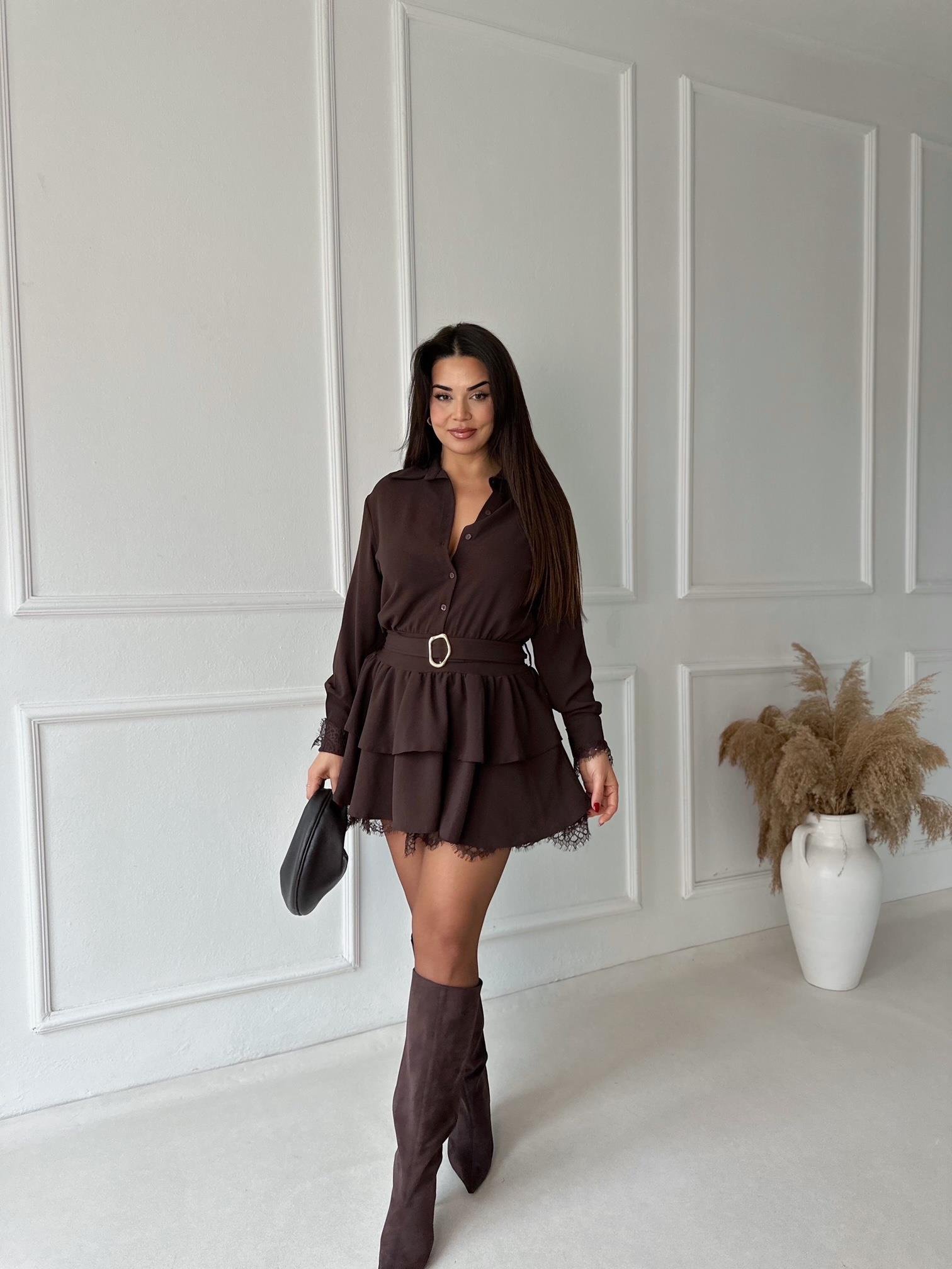 Velora Dantel Detalı Katlı Mini Elbise- Kahve