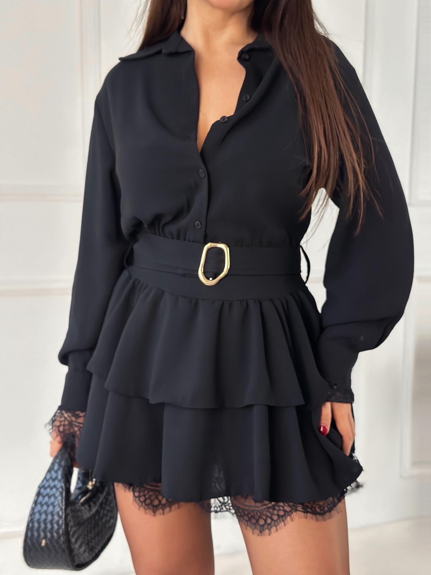 Velora Dantel Detalı Katlı Mini Elbise- Siyah