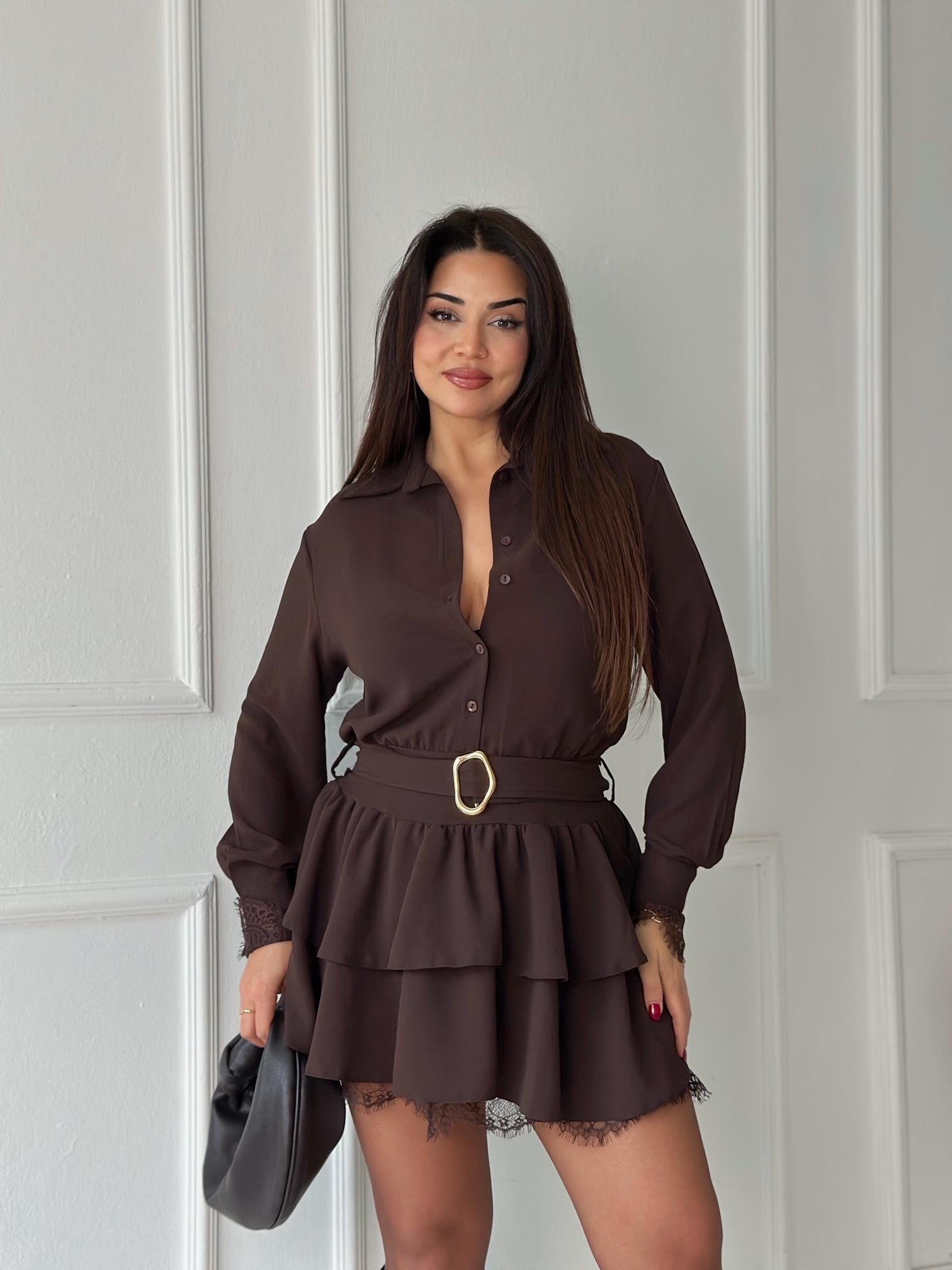 Velora Dantel Detalı Katlı Mini Elbise- Kahve