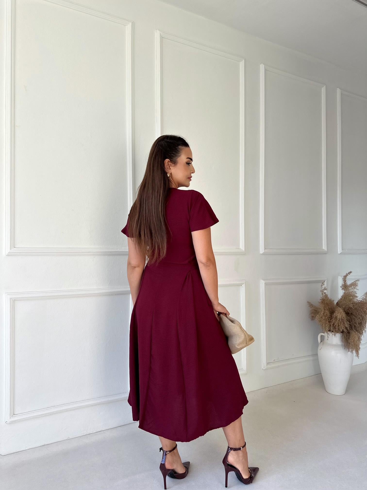 Yan Bağlama Detaylı Midi Elbise - Bordo
