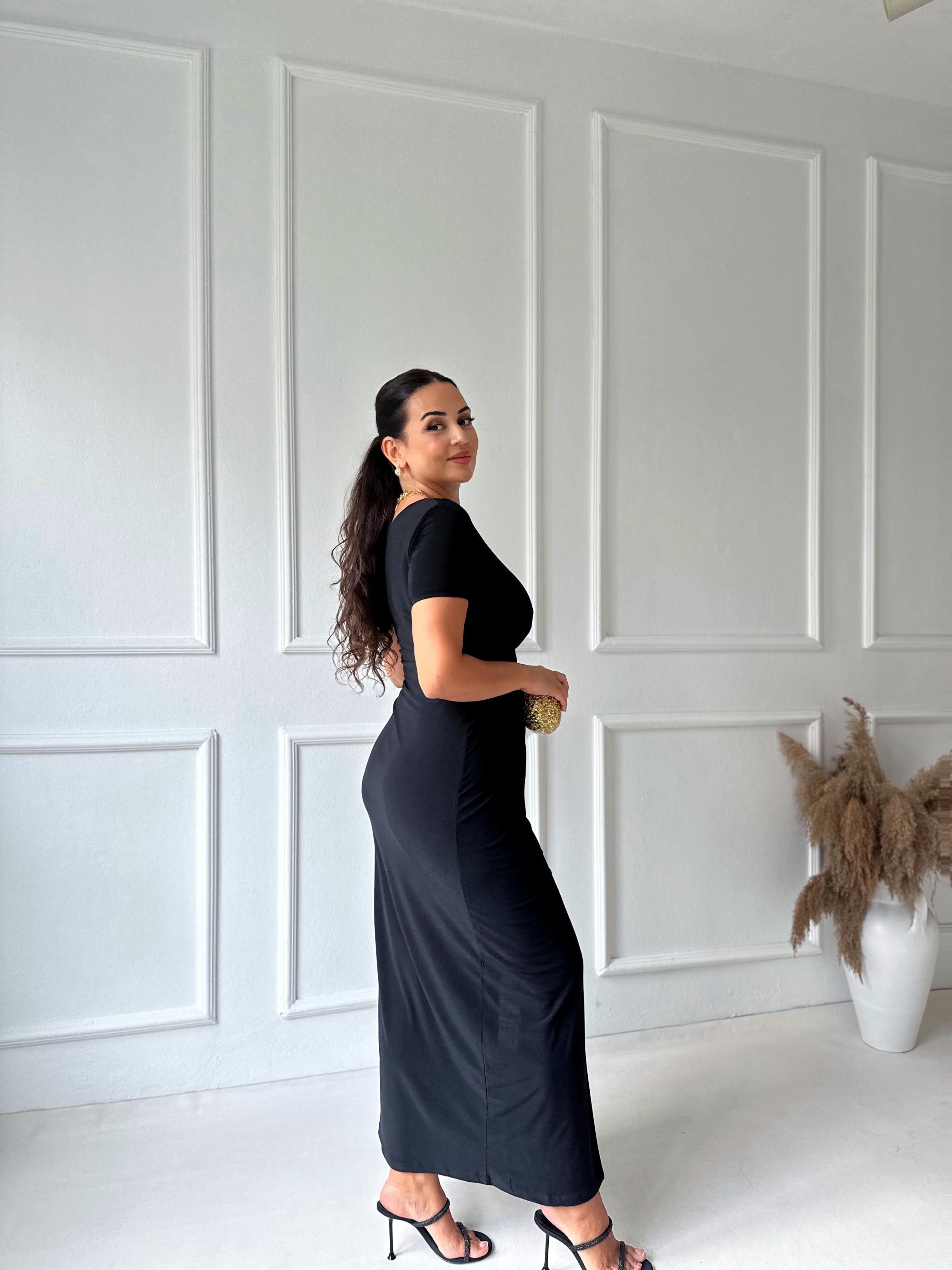 Yarım Kollu Önü Düğüm Detaylı Maksi Elbise