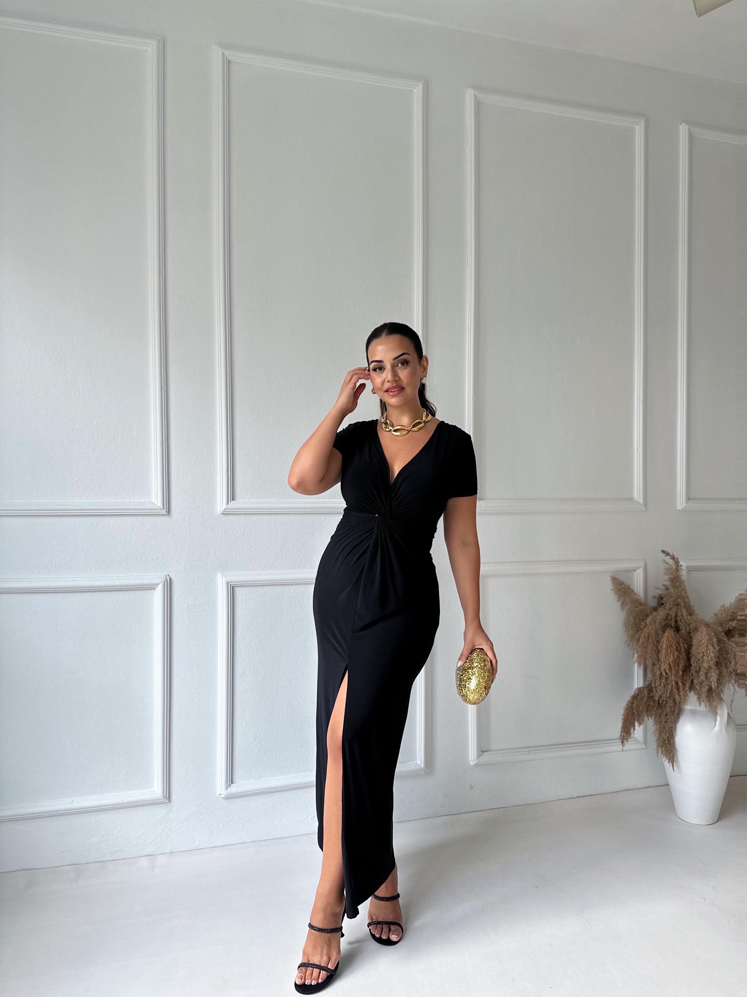 Yarım Kollu Önü Düğüm Detaylı Maksi Elbise