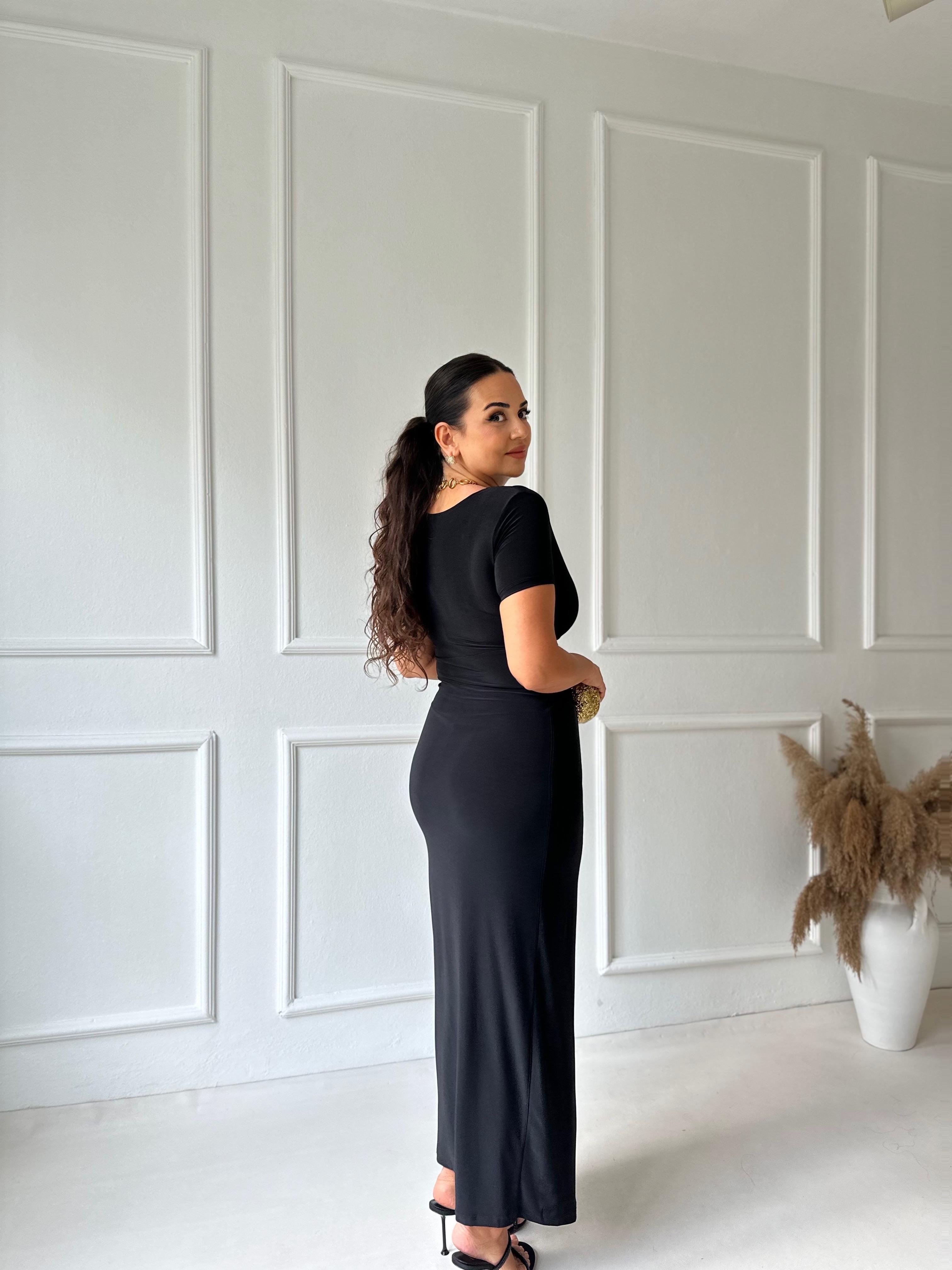 Yarım Kollu Önü Düğüm Detaylı Maksi Elbise