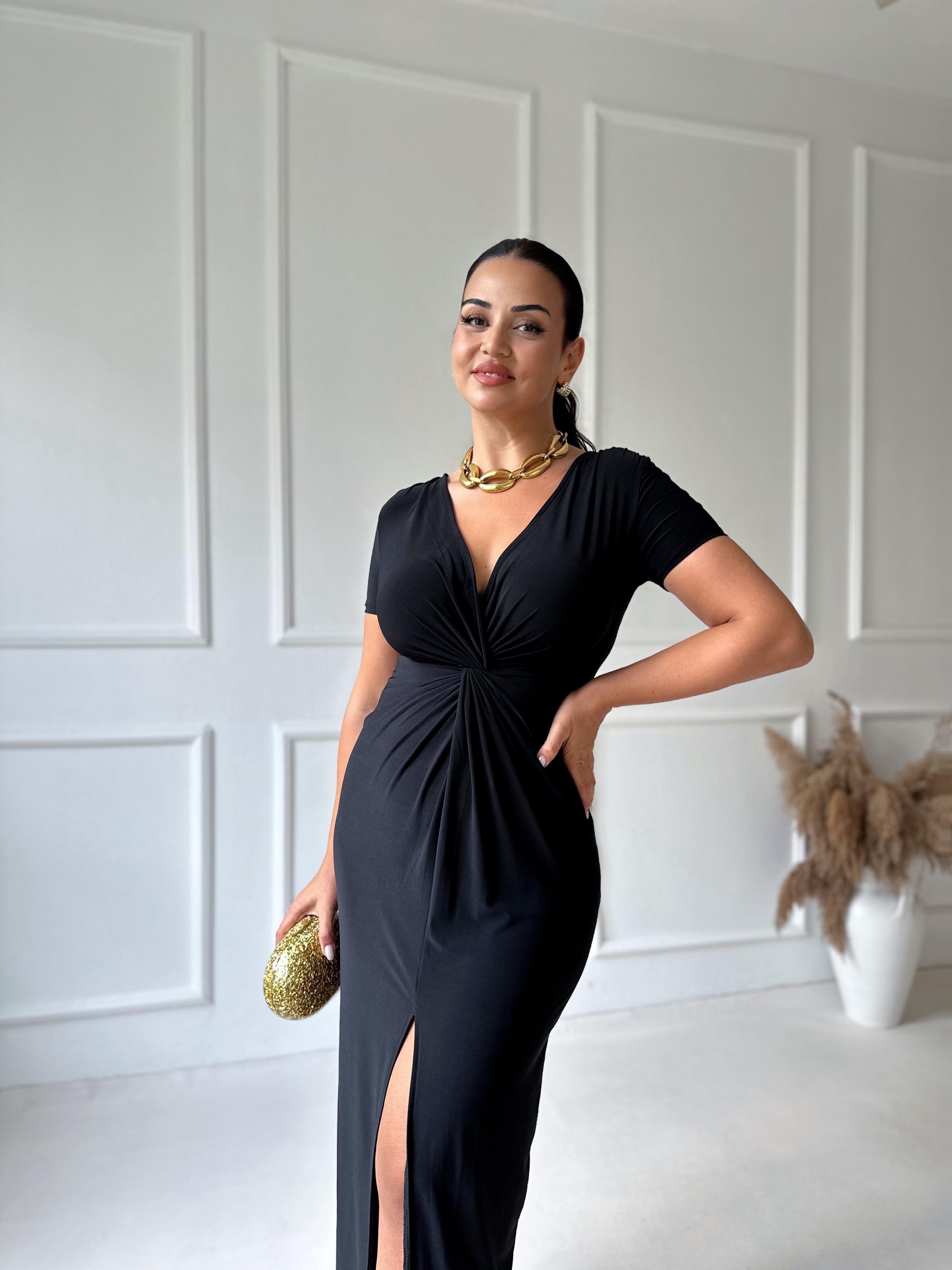 Yarım Kollu Önü Düğüm Detaylı Maksi Elbise