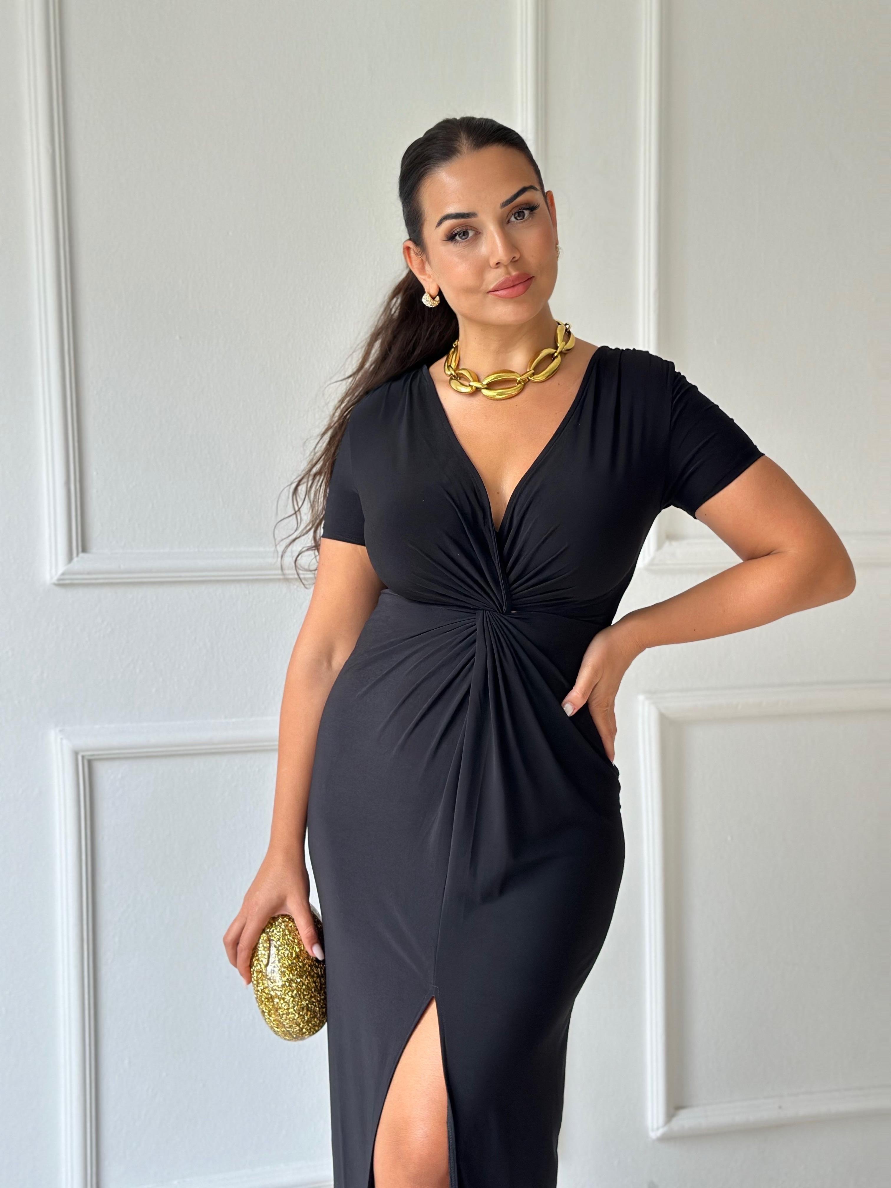 Yarım Kollu Önü Düğüm Detaylı Maksi Elbise