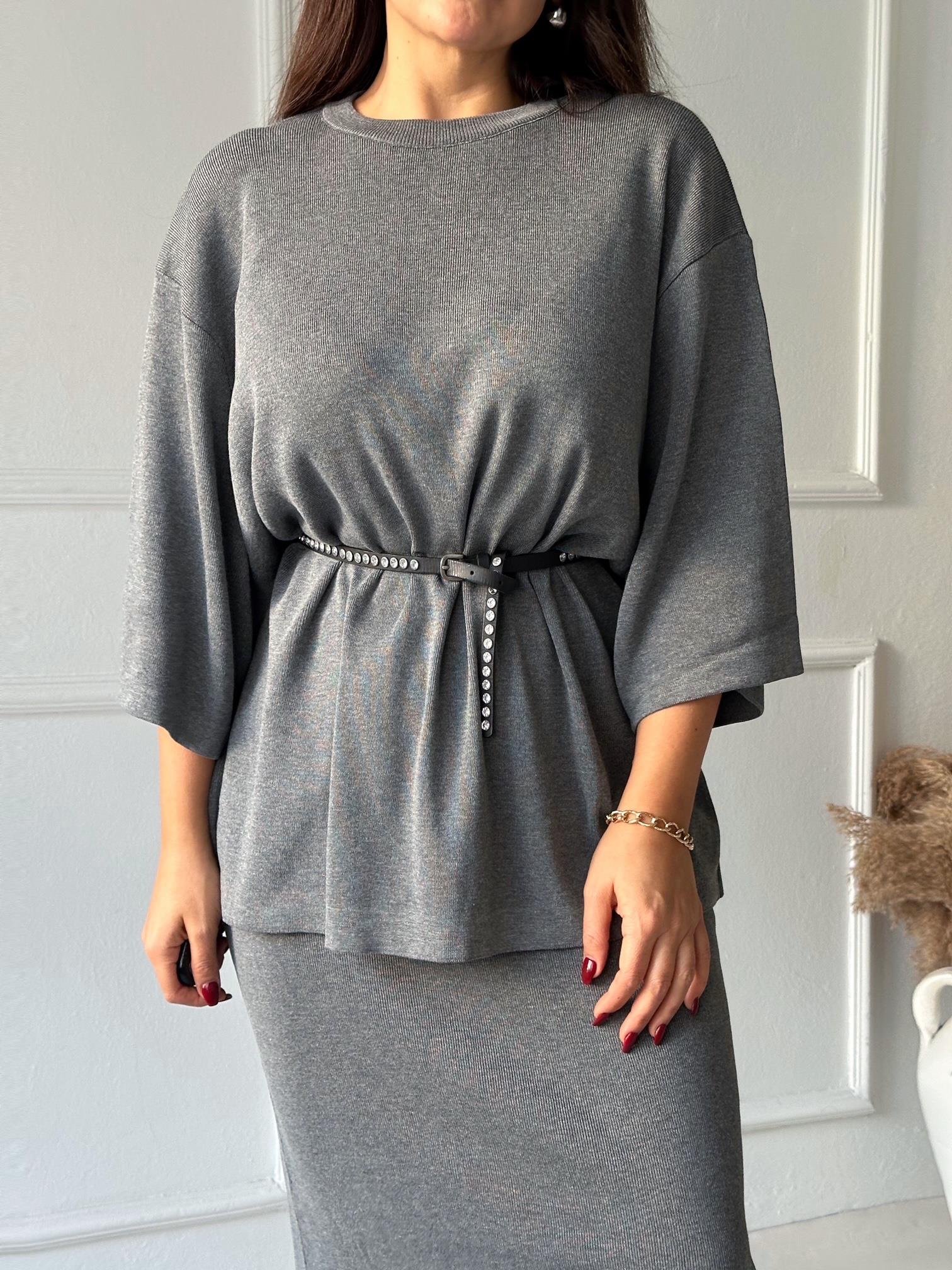 ZA Model Antrasit Oversize Triko Etek Bluz Takım