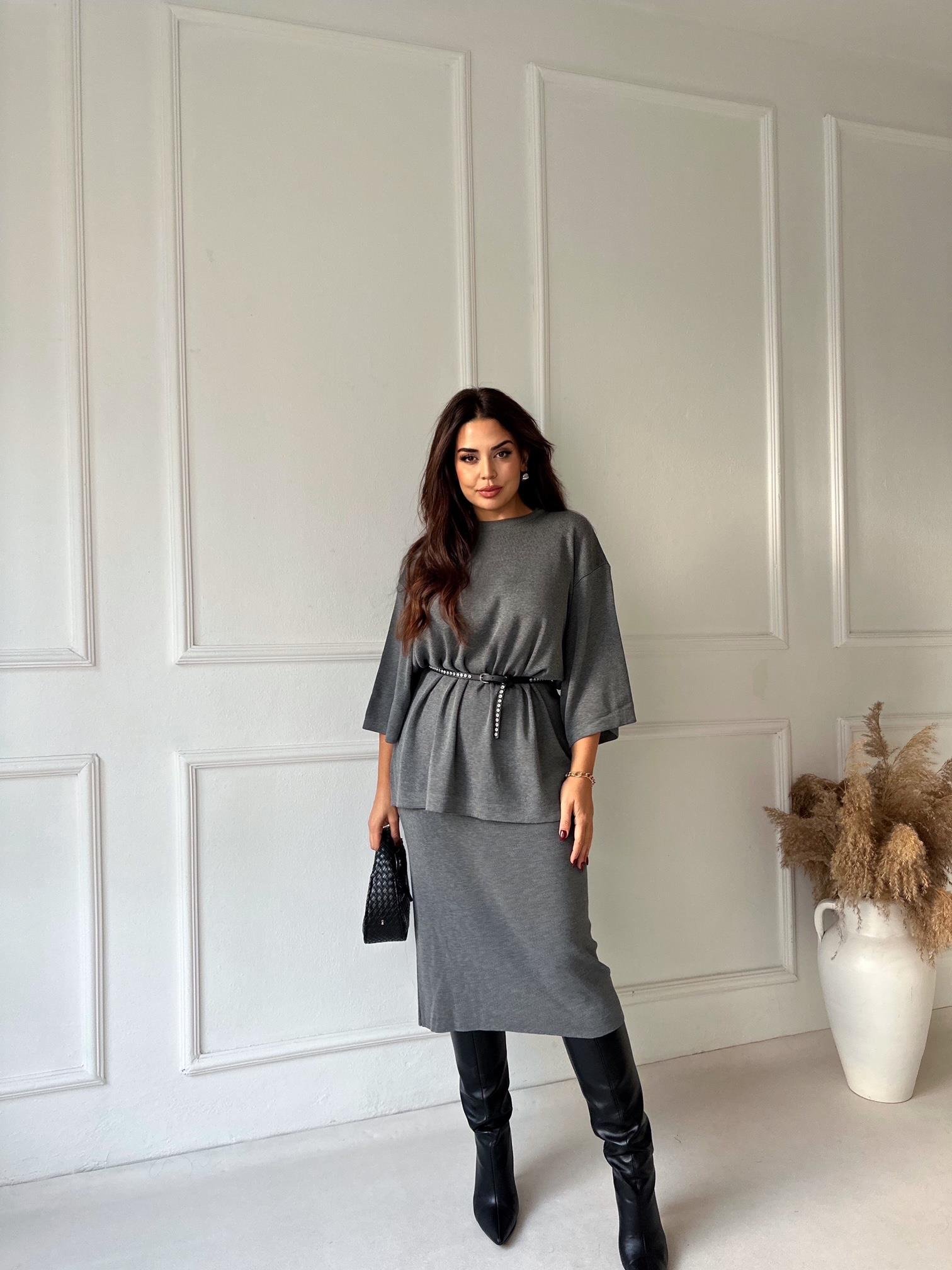 ZA Model Antrasit Oversize Triko Etek Bluz Takım