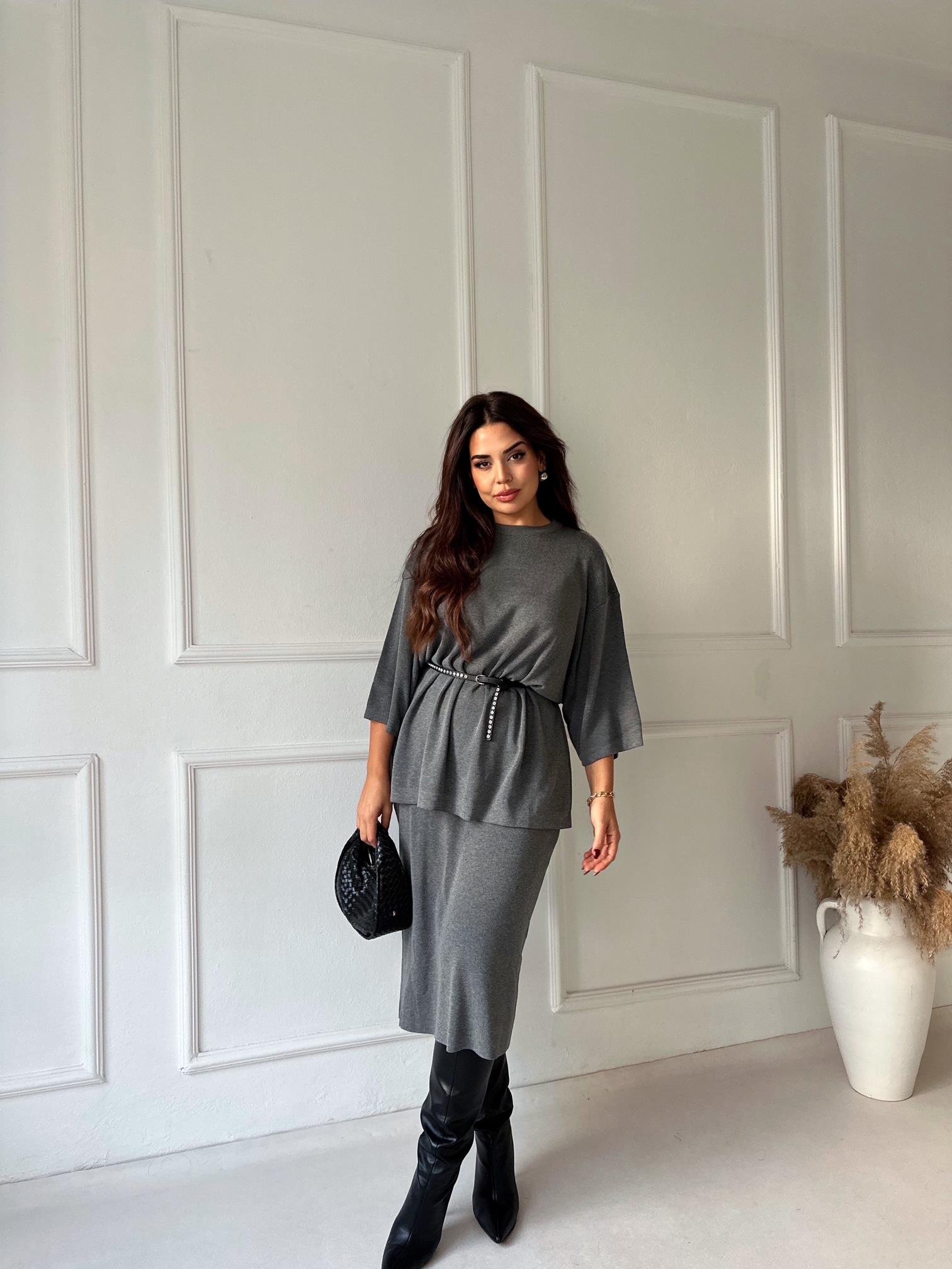 ZA Model Antrasit Oversize Triko Etek Bluz Takım