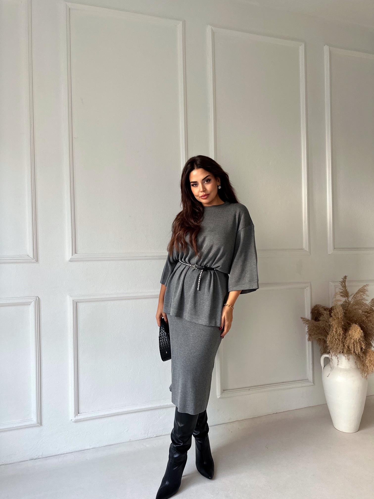 ZA Model Antrasit Oversize Triko Etek Bluz Takım