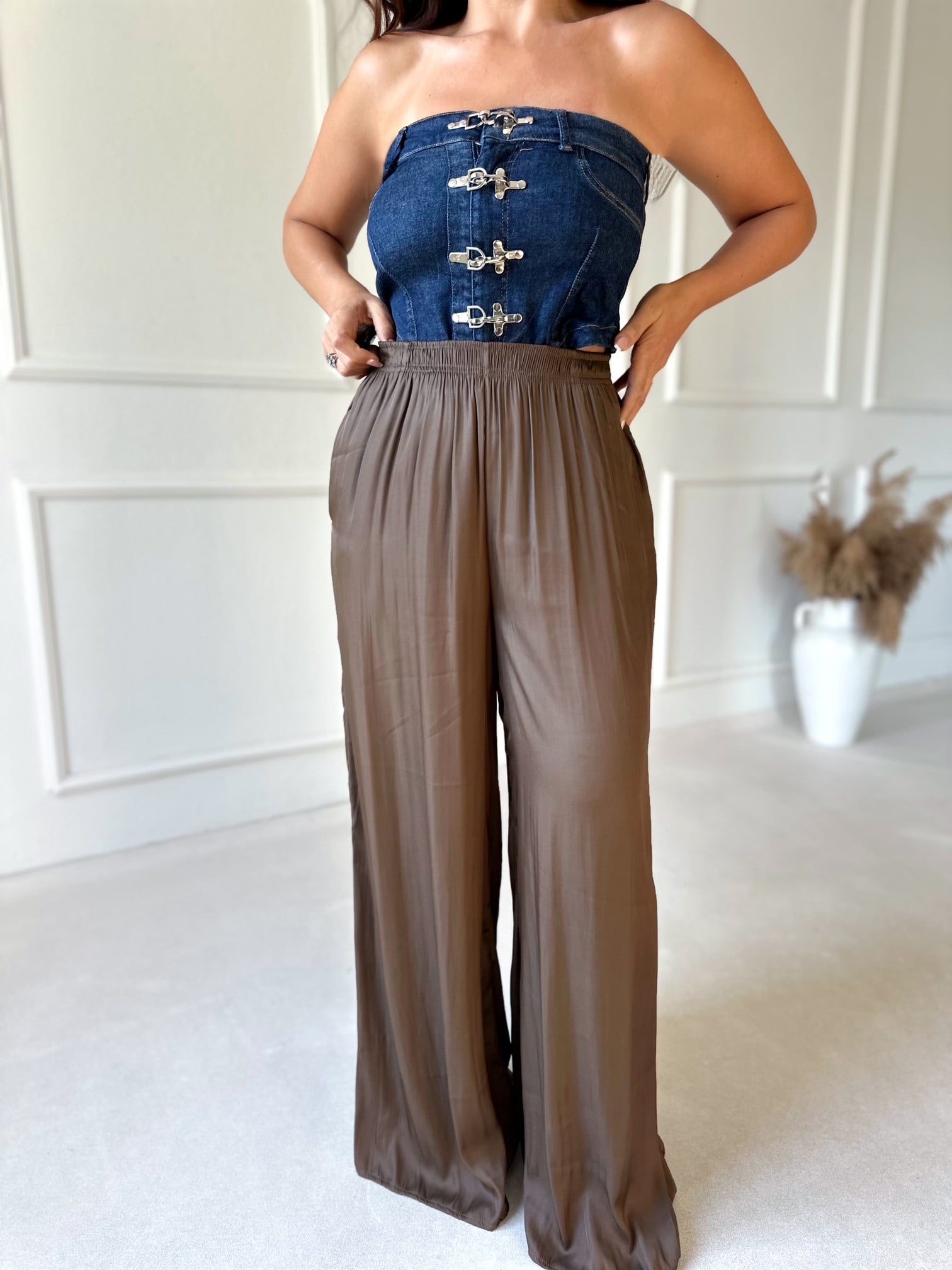 Zara Model Saten Bol Paça Pantolon- Kahve 