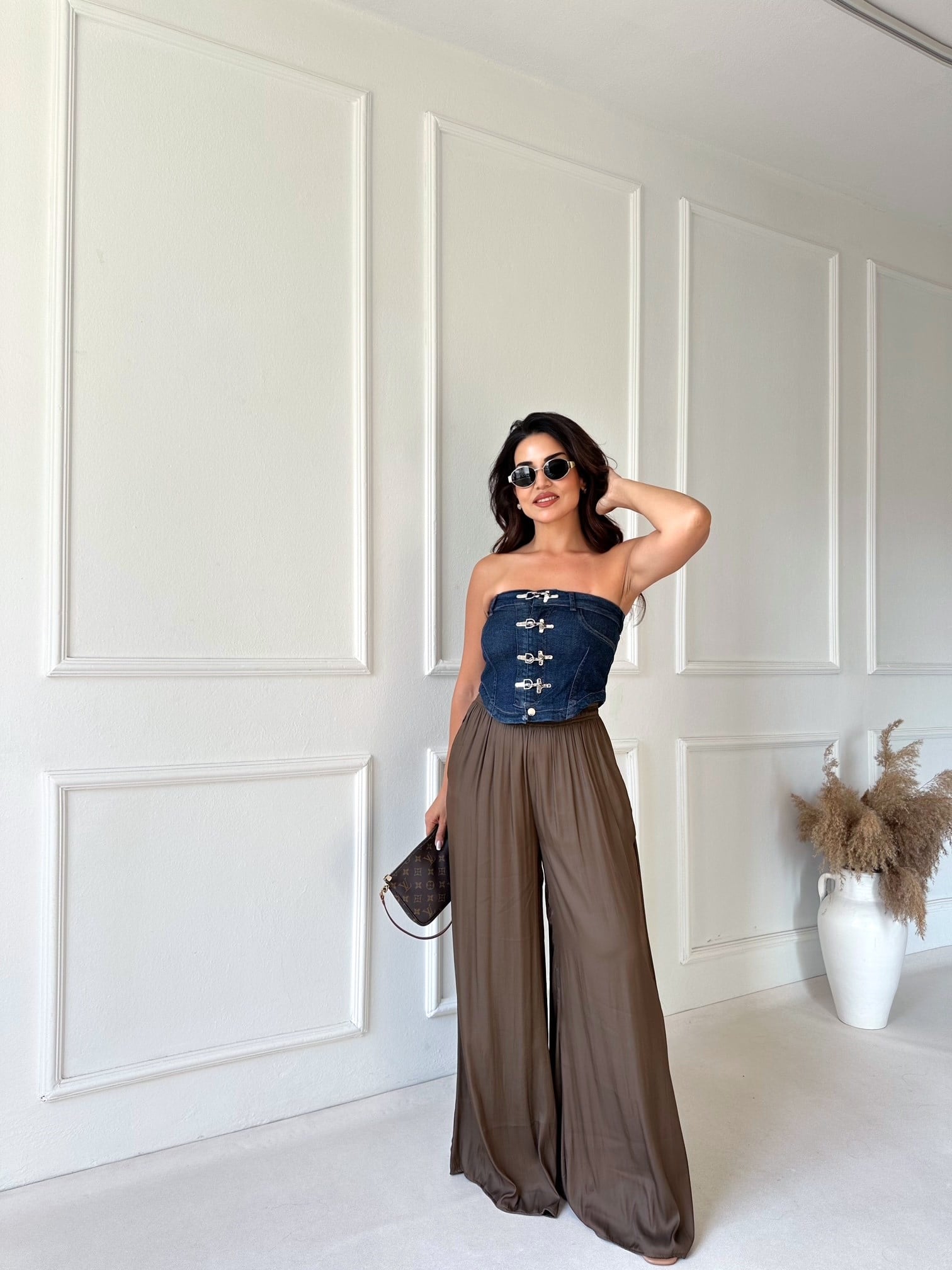 Zara Model Saten Bol Paça Pantolon- Kahve 