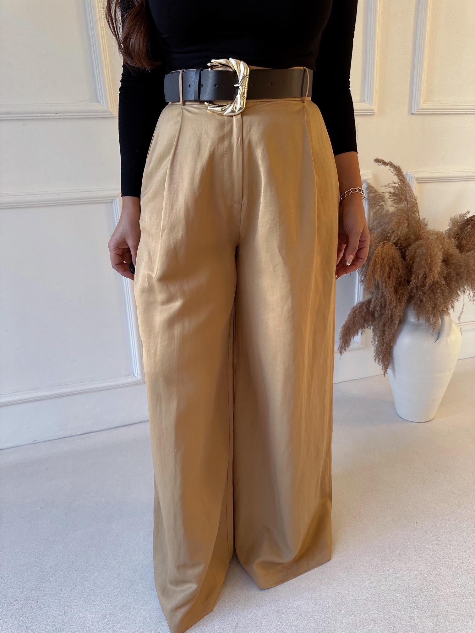 Zara Model Yüksek Bel Kemerli Geniş Paça Tensel Pantolon – Camel