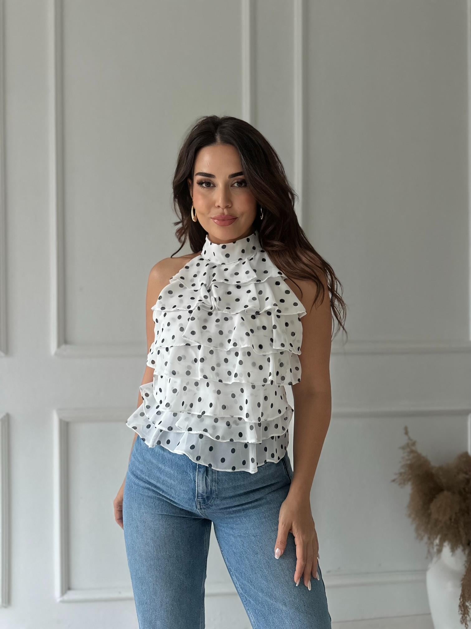 ZR Model Georgette Puantiyeli Şifon Bluz - Beyaz/Siyah
