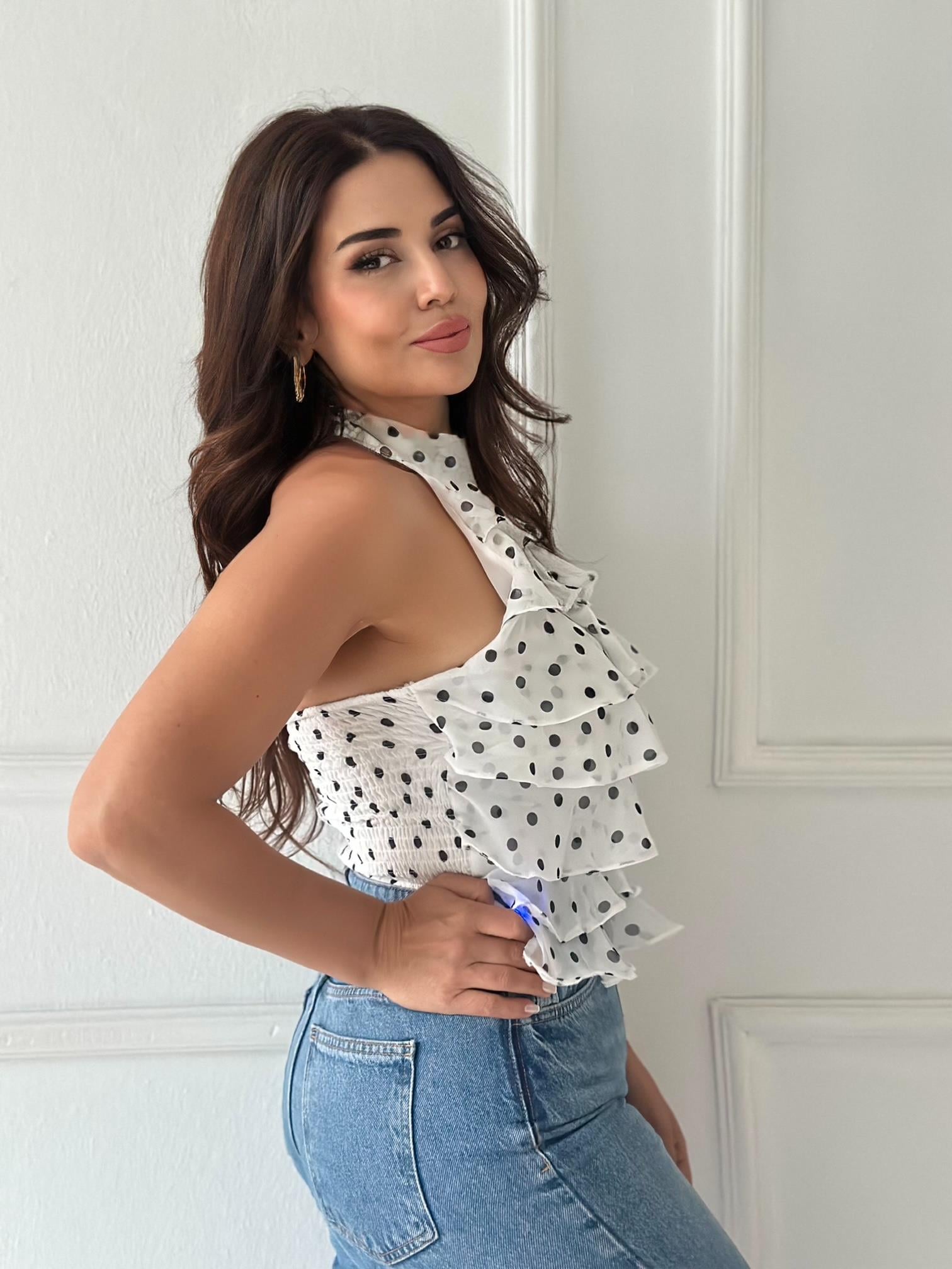 ZR Model Georgette Puantiyeli Şifon Bluz - Beyaz/Siyah