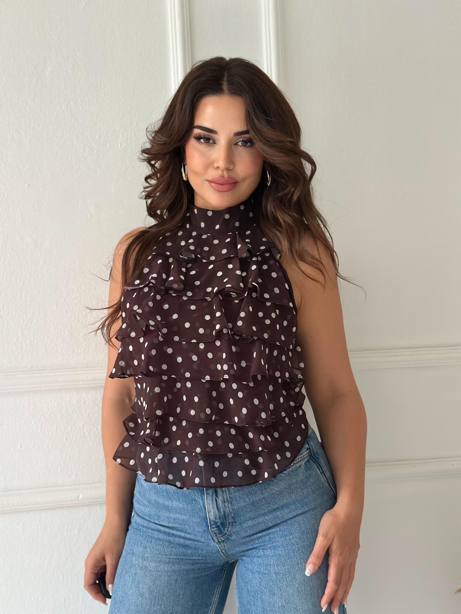 ZR Model Georgette Puantiyeli Şifon Bluz - Kahve/Ekru